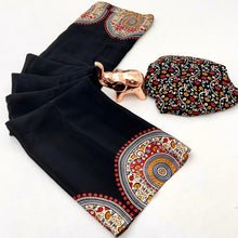 Load image into Gallery viewer, Graceful Festive Wear Pure Satin Silk Ajrak Printed Rich Pallu Work Fancy Saree With Blissful Blouse Piece

