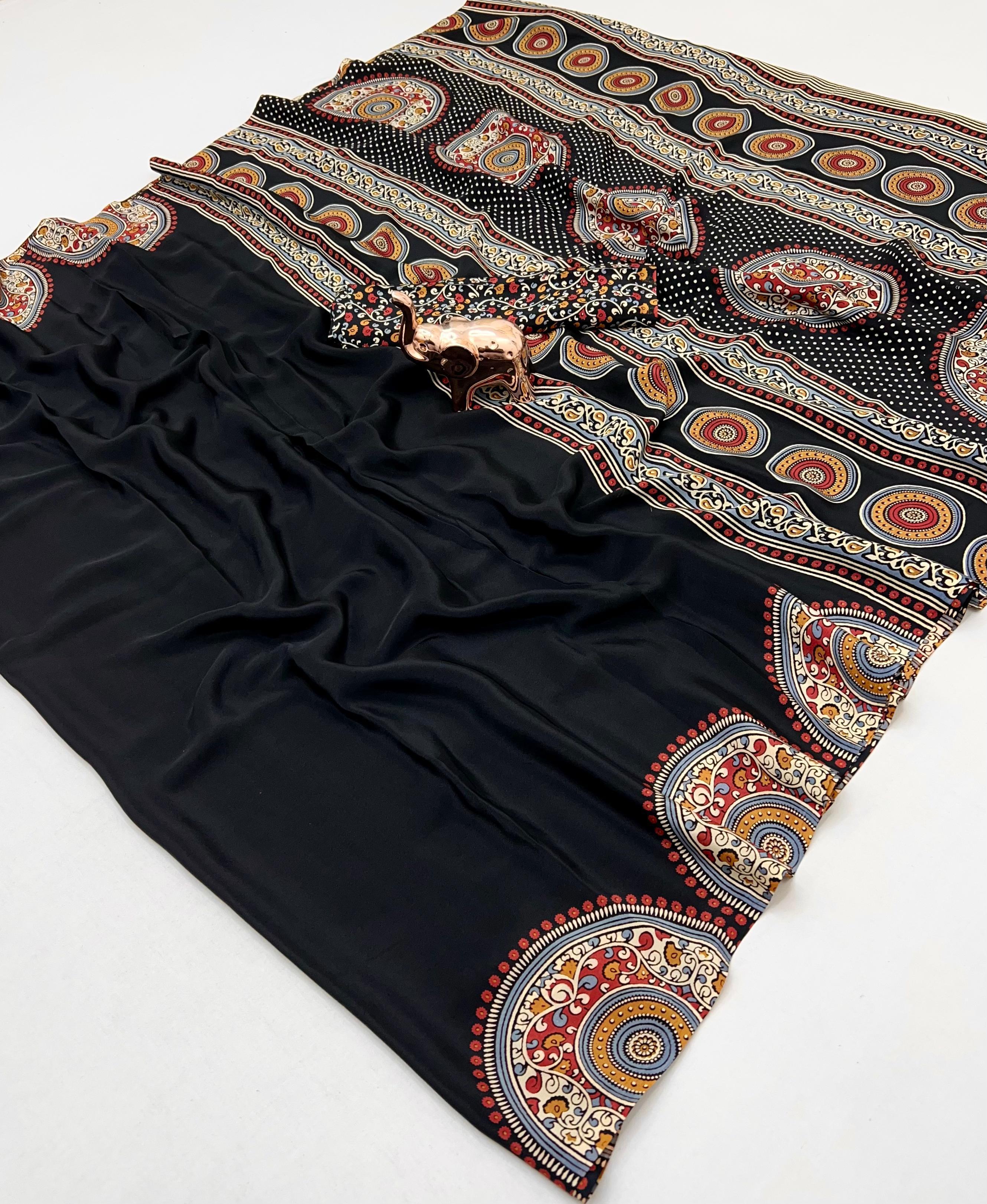 Graceful Festive Wear Pure Satin Silk Ajrak Printed Rich Pallu Work Fancy Saree With Blissful Blouse Piece