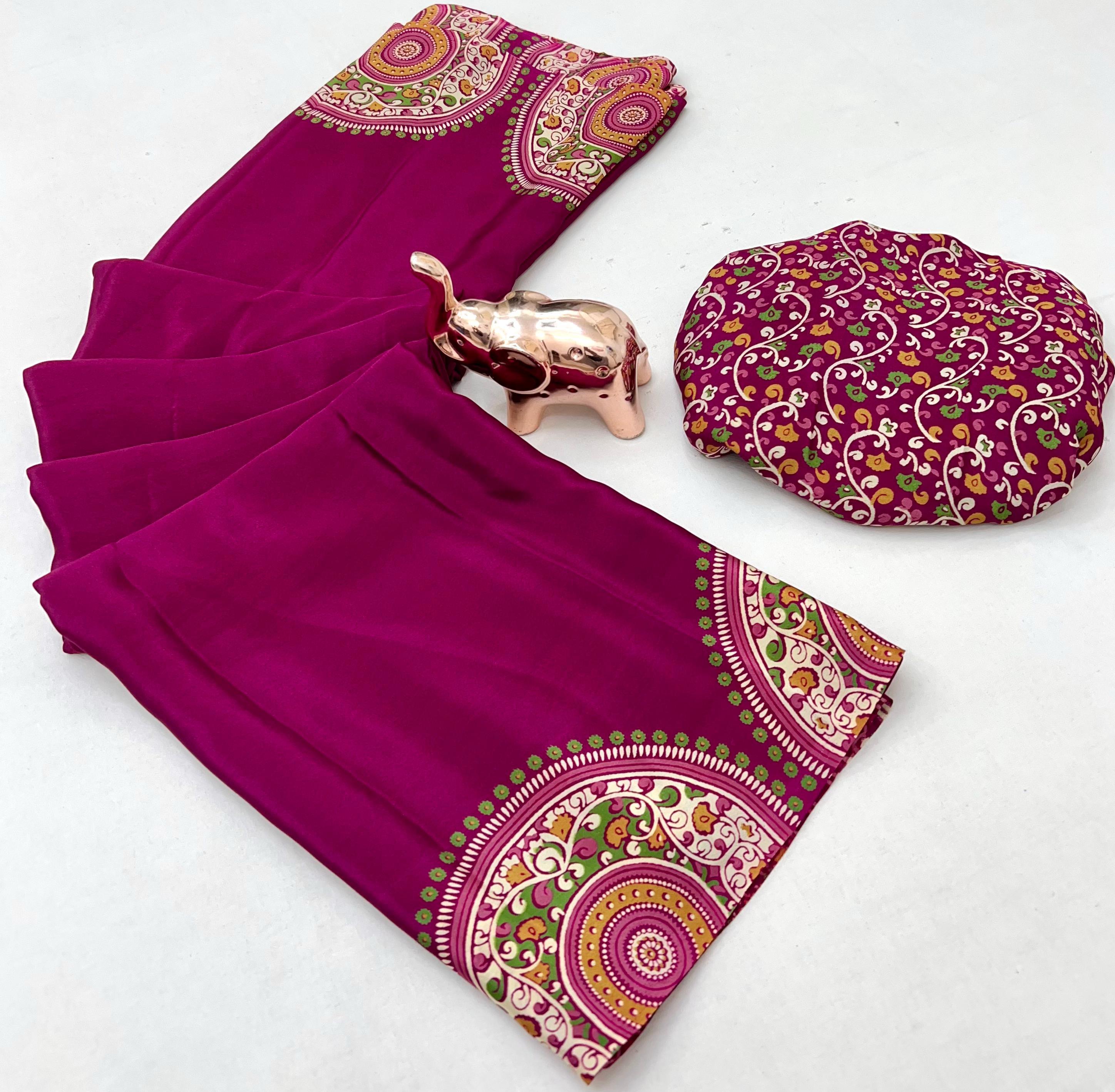 Graceful Festive Wear Pure Satin Silk Ajrak Printed Rich Pallu Work Fancy Saree With Blissful Blouse Piece
