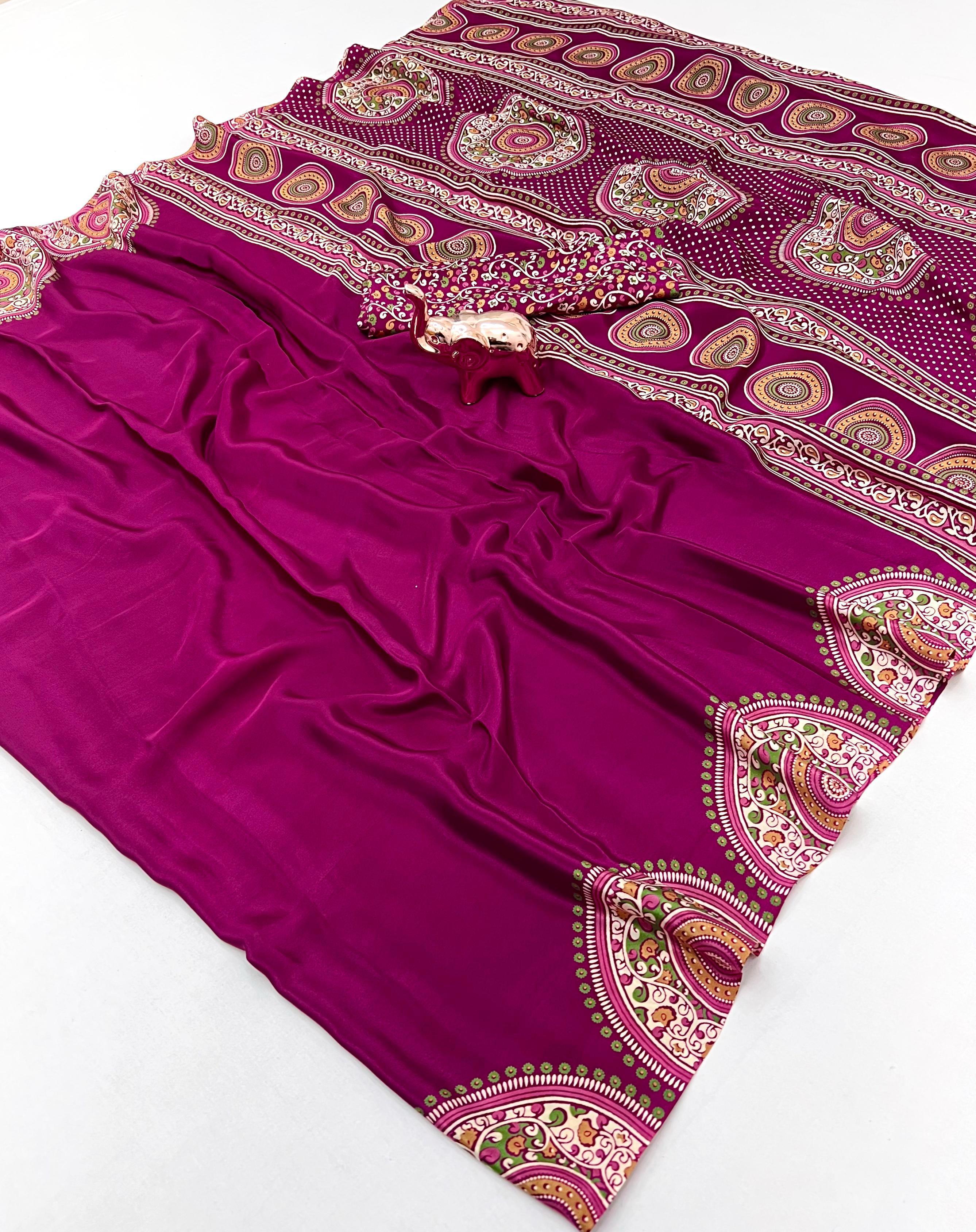 Graceful Festive Wear Pure Satin Silk Ajrak Printed Rich Pallu Work Fancy Saree With Blissful Blouse Piece