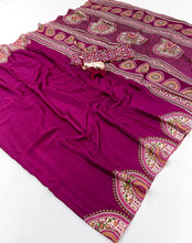 Load image into Gallery viewer, Graceful Festive Wear Pure Satin Silk Ajrak Printed Rich Pallu Work Fancy Saree With Blissful Blouse Piece
