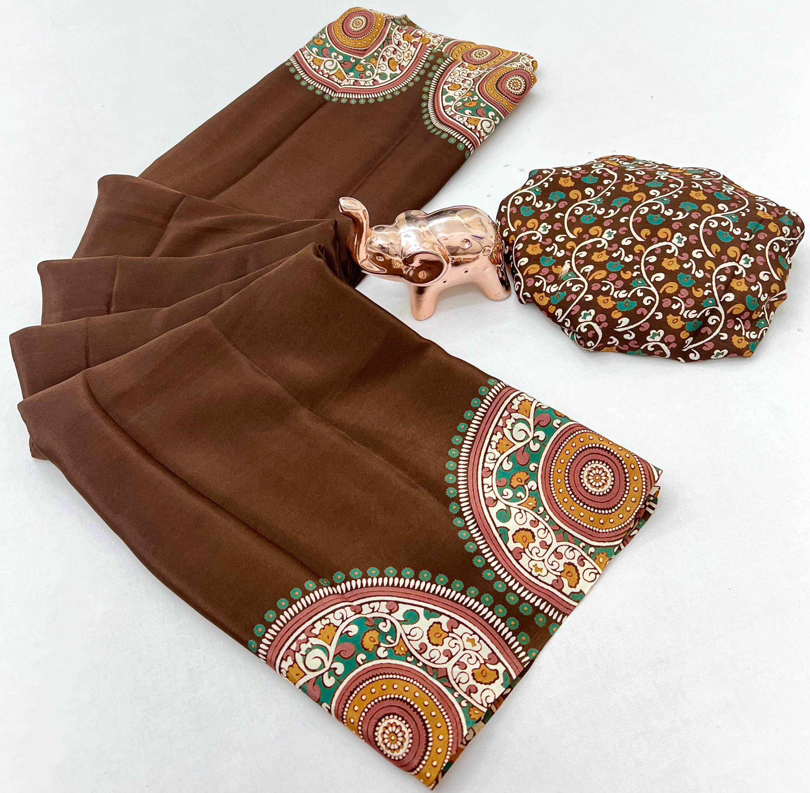 Graceful Festive Wear Pure Satin Silk Ajrak Printed Rich Pallu Work Fancy Saree With Blissful Blouse Piece