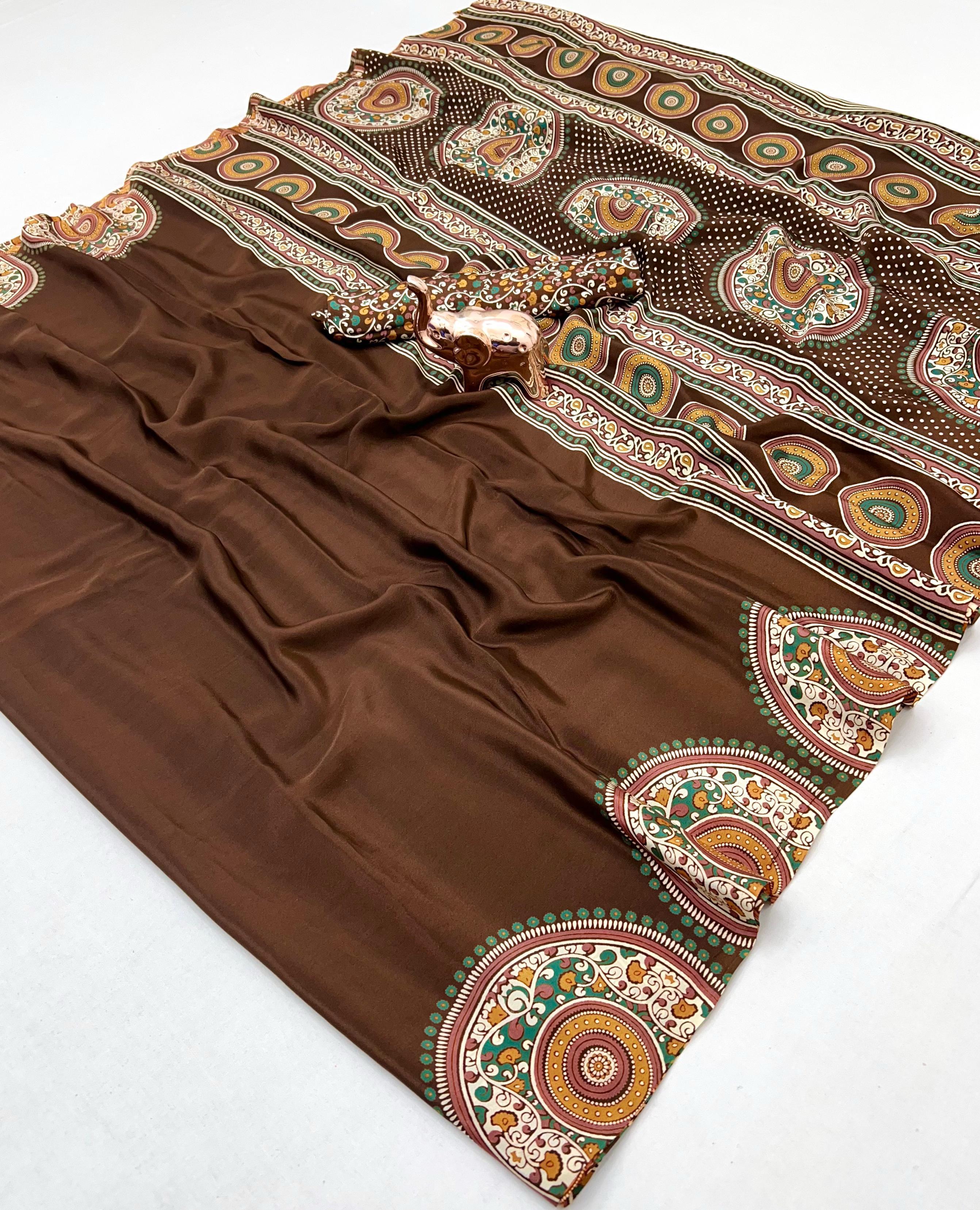 Graceful Festive Wear Pure Satin Silk Ajrak Printed Rich Pallu Work Fancy Saree With Blissful Blouse Piece