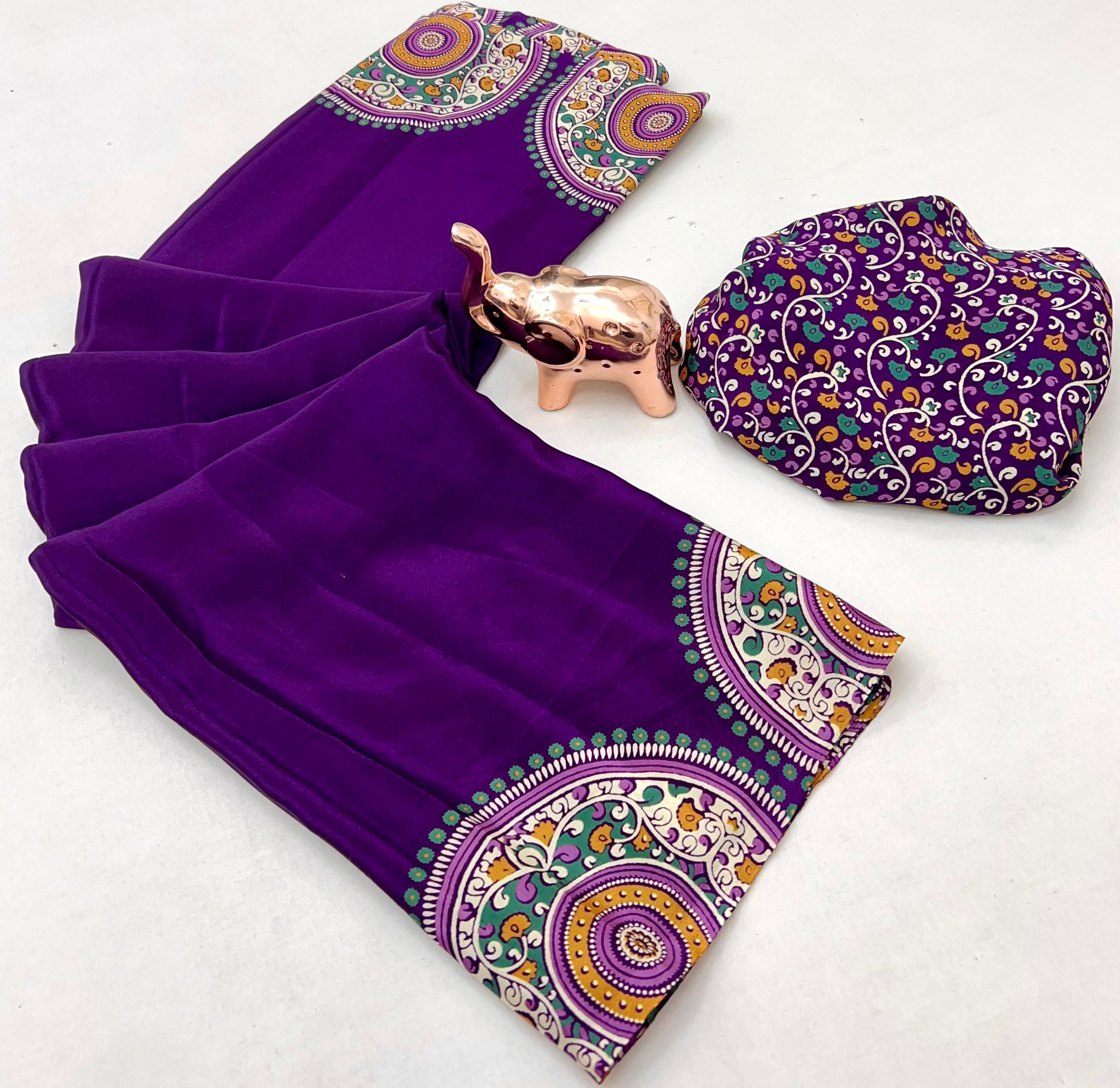 Graceful Festive Wear Pure Satin Silk Ajrak Printed Rich Pallu Work Fancy Saree With Blissful Blouse Piece