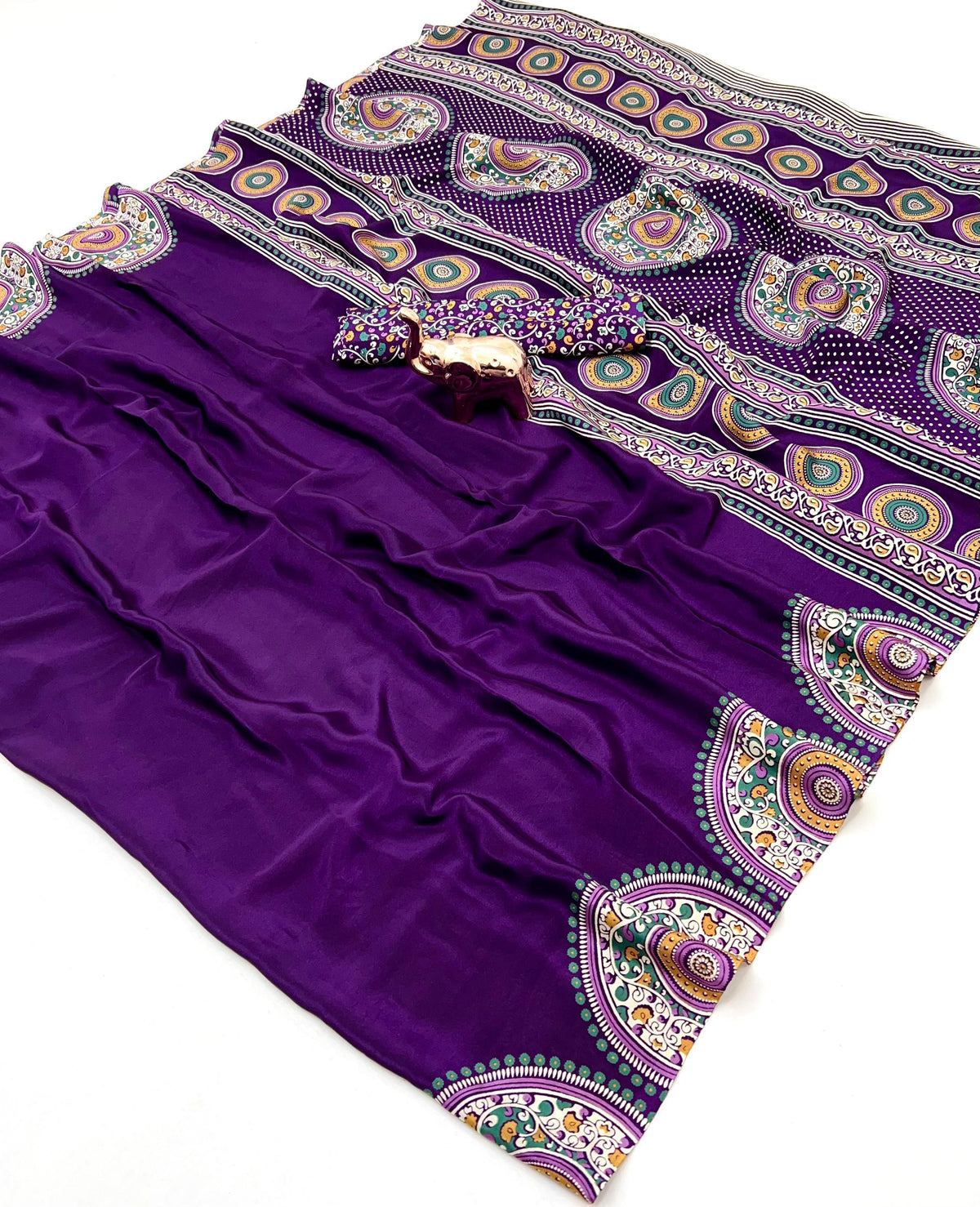 Graceful Festive Wear Pure Satin Silk Ajrak Printed Rich Pallu Work Fancy Saree With Blissful Blouse Piece