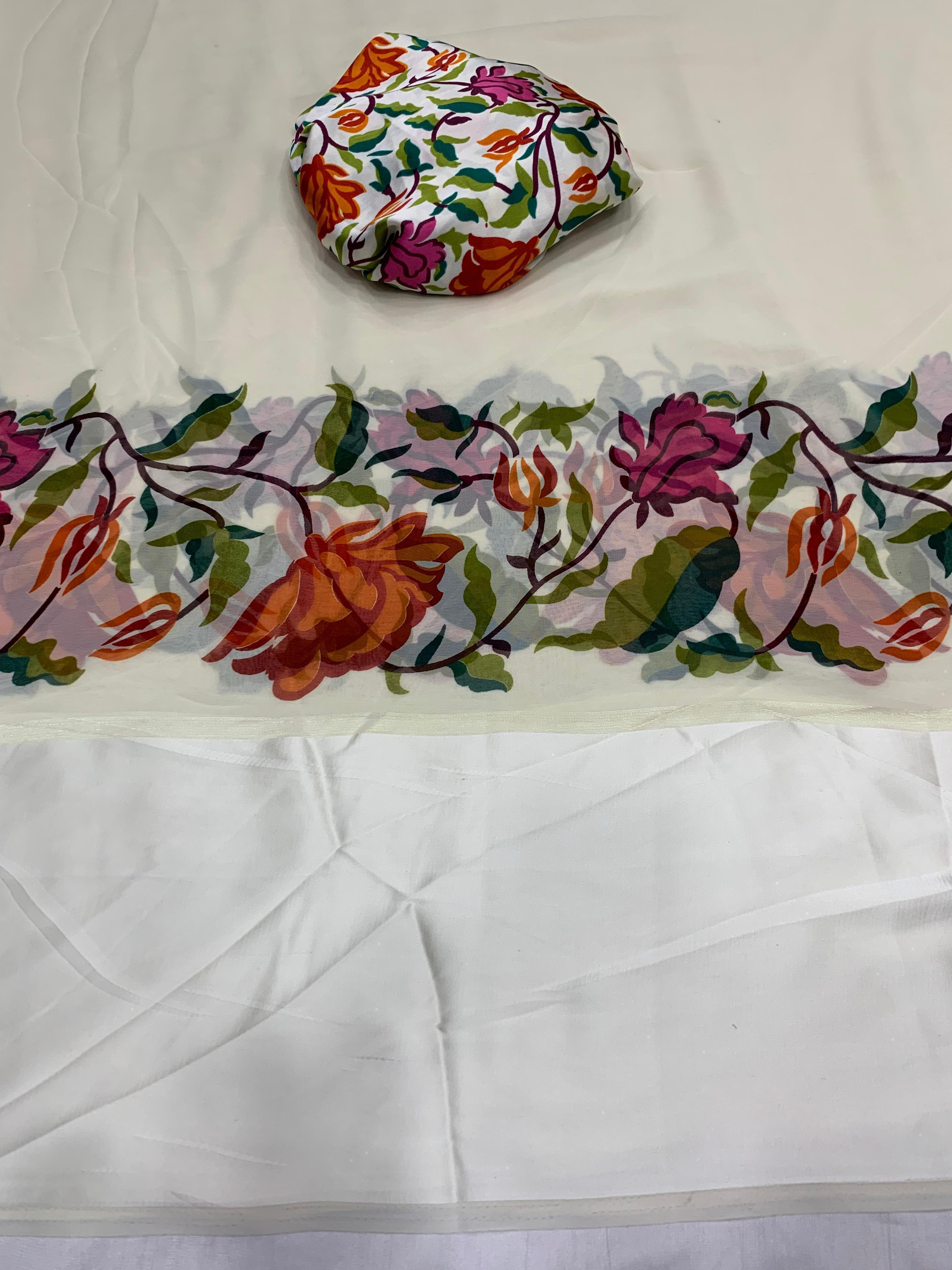 Glamorous Party Wear Georgette Satin Border Digital Print Saree With Blouse Piece
