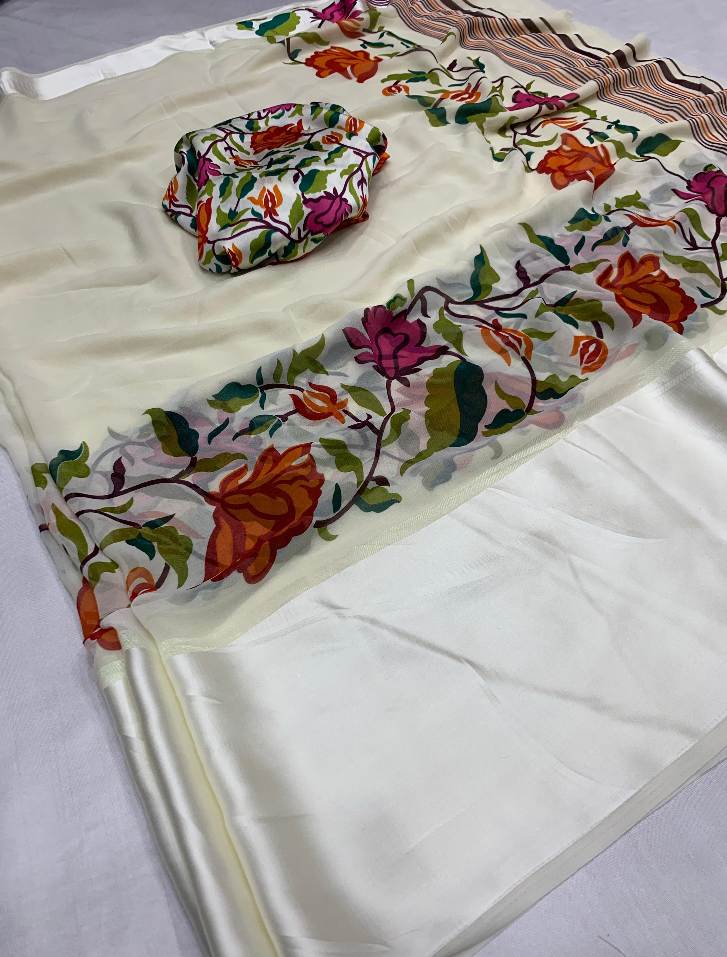 Glamorous Party Wear Georgette Satin Border Digital Print Saree With Blouse Piece