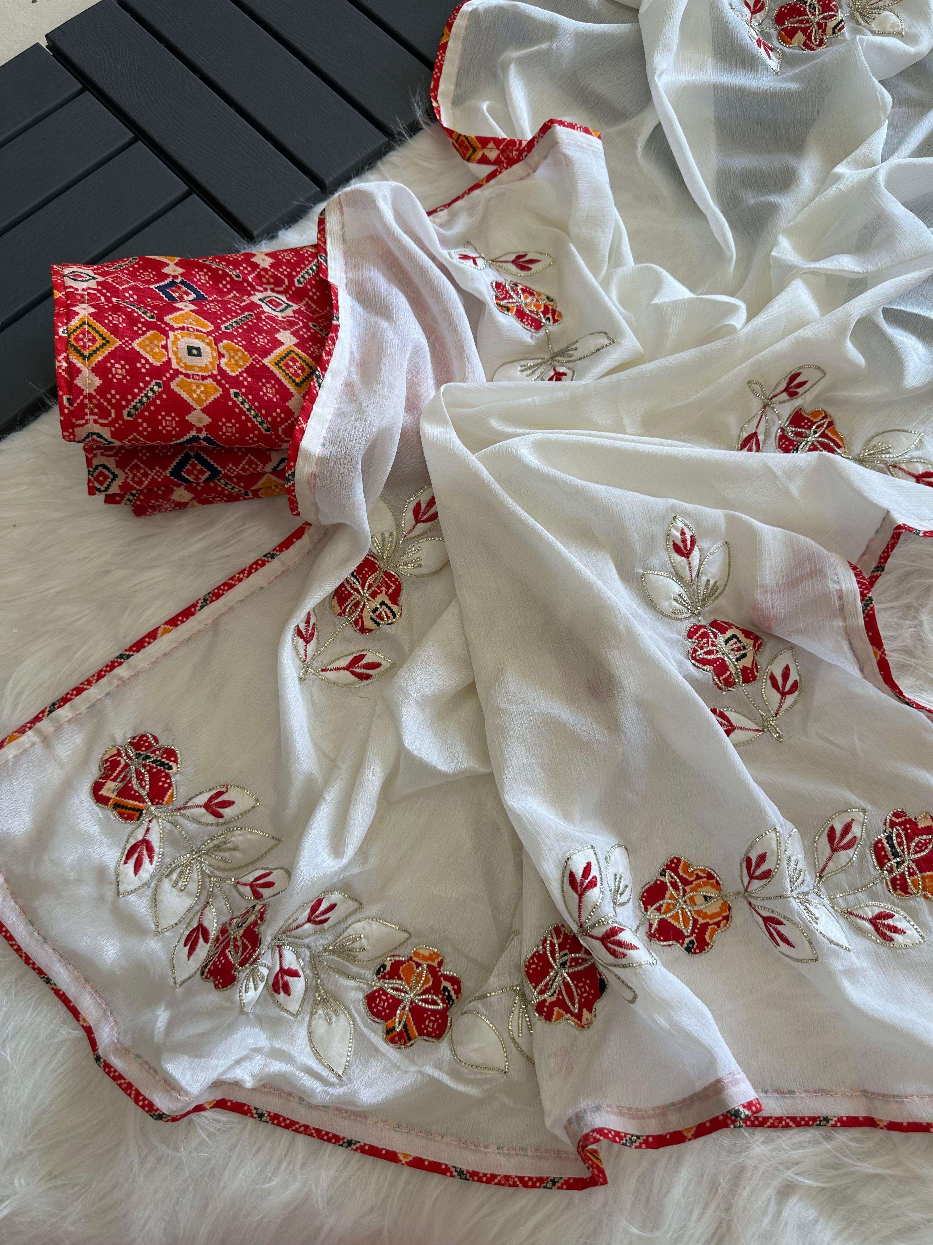 Whimsical Party Wear Chinnon Silk Digital Print n Butta Work Border Designer Saree With Contrast Blouse Piece