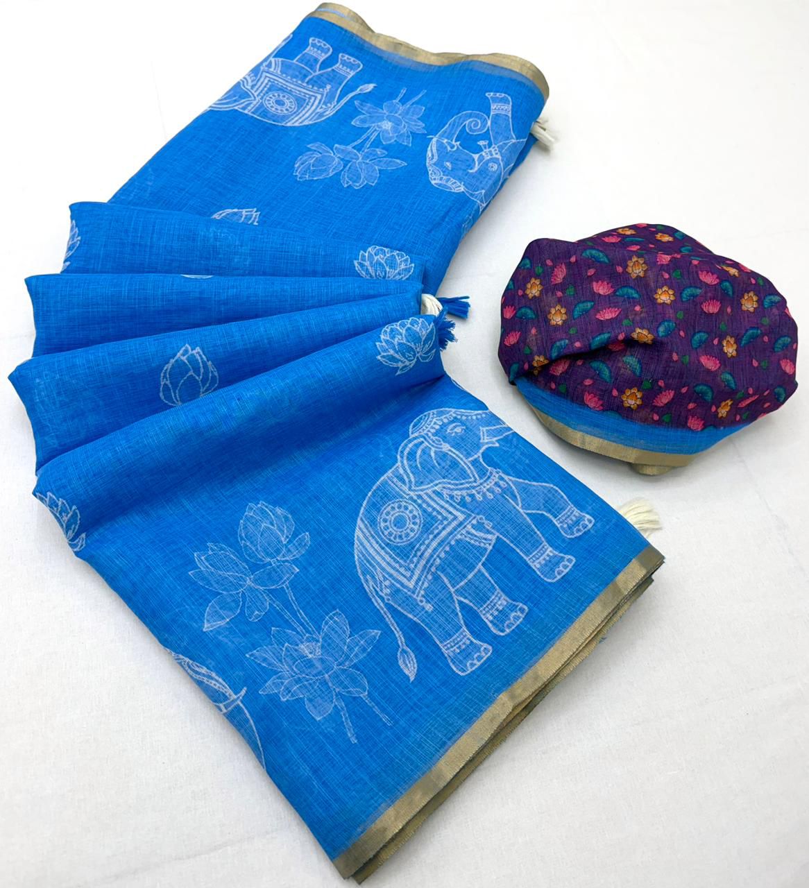 Traditional Festive Wear Soft Cotton Kalamkari Print With Zari Border Fancy Saree With Blissful Blouse Piece