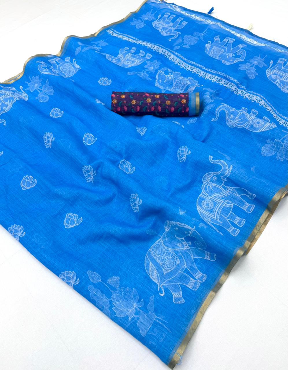 Traditional Festive Wear Soft Cotton Kalamkari Print With Zari Border Fancy Saree With Blissful Blouse Piece