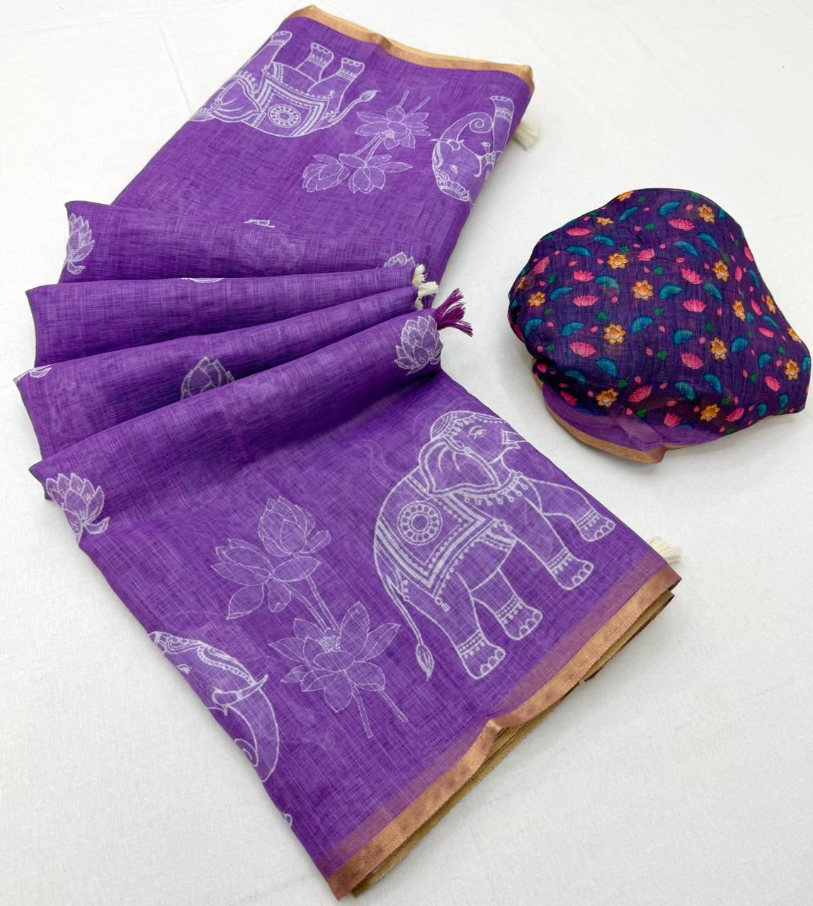 Traditional Festive Wear Soft Cotton Kalamkari Print With Zari Border Fancy Saree With Blissful Blouse Piece