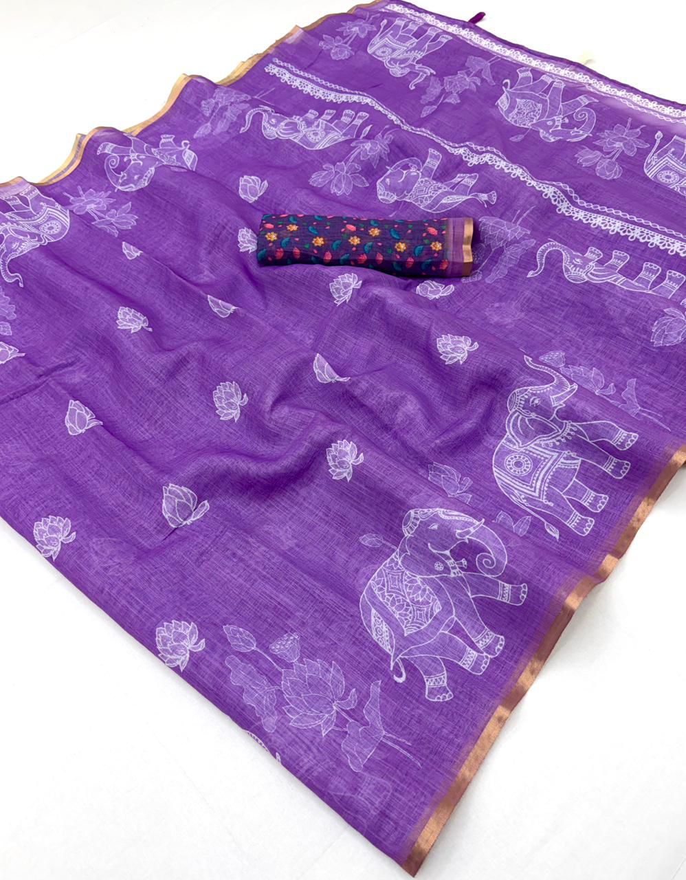 Traditional Festive Wear Soft Cotton Kalamkari Print With Zari Border Fancy Saree With Blissful Blouse Piece