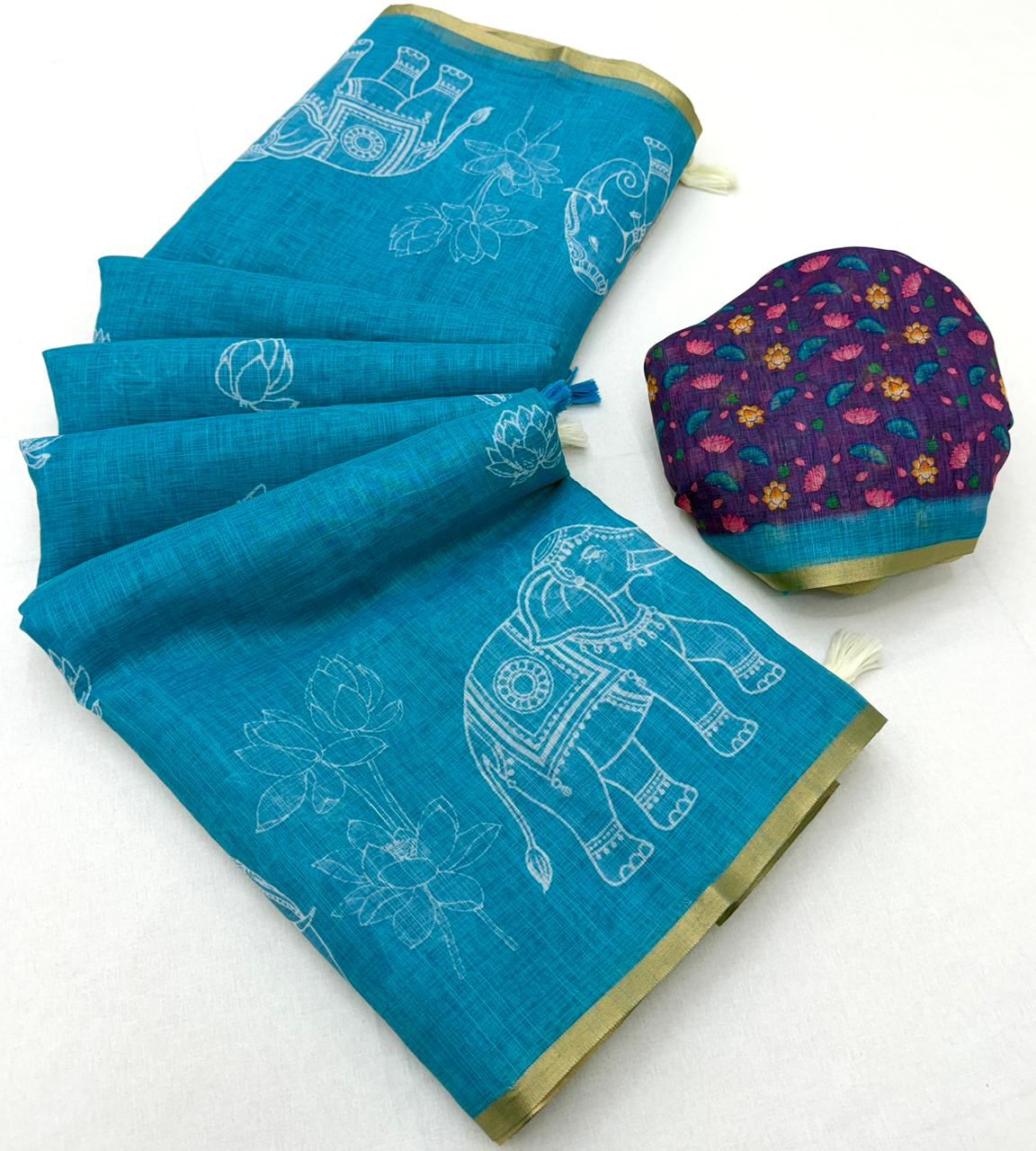 Traditional Festive Wear Soft Cotton Kalamkari Print With Zari Border Fancy Saree With Blissful Blouse Piece