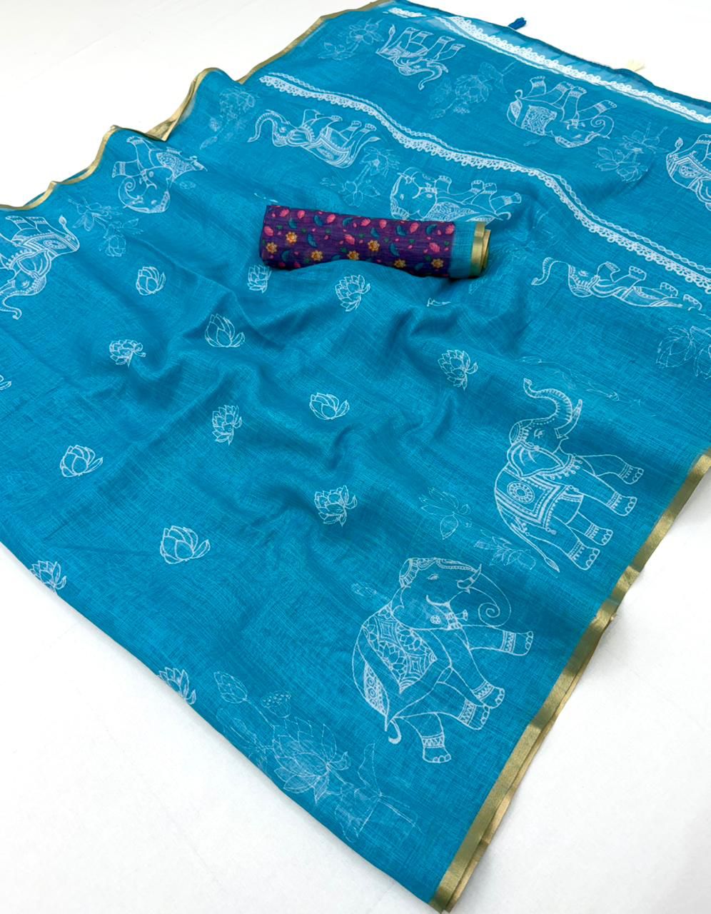 Traditional Festive Wear Soft Cotton Kalamkari Print With Zari Border Fancy Saree With Blissful Blouse Piece