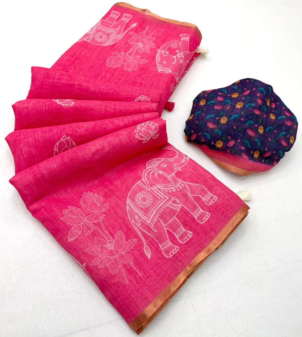 Traditional Festive Wear Soft Cotton Kalamkari Print With Zari Border Fancy Saree With Blissful Blouse Piece