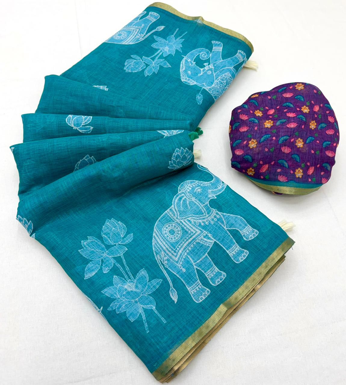 Traditional Festive Wear Soft Cotton Kalamkari Print With Zari Border Fancy Saree With Blissful Blouse Piece