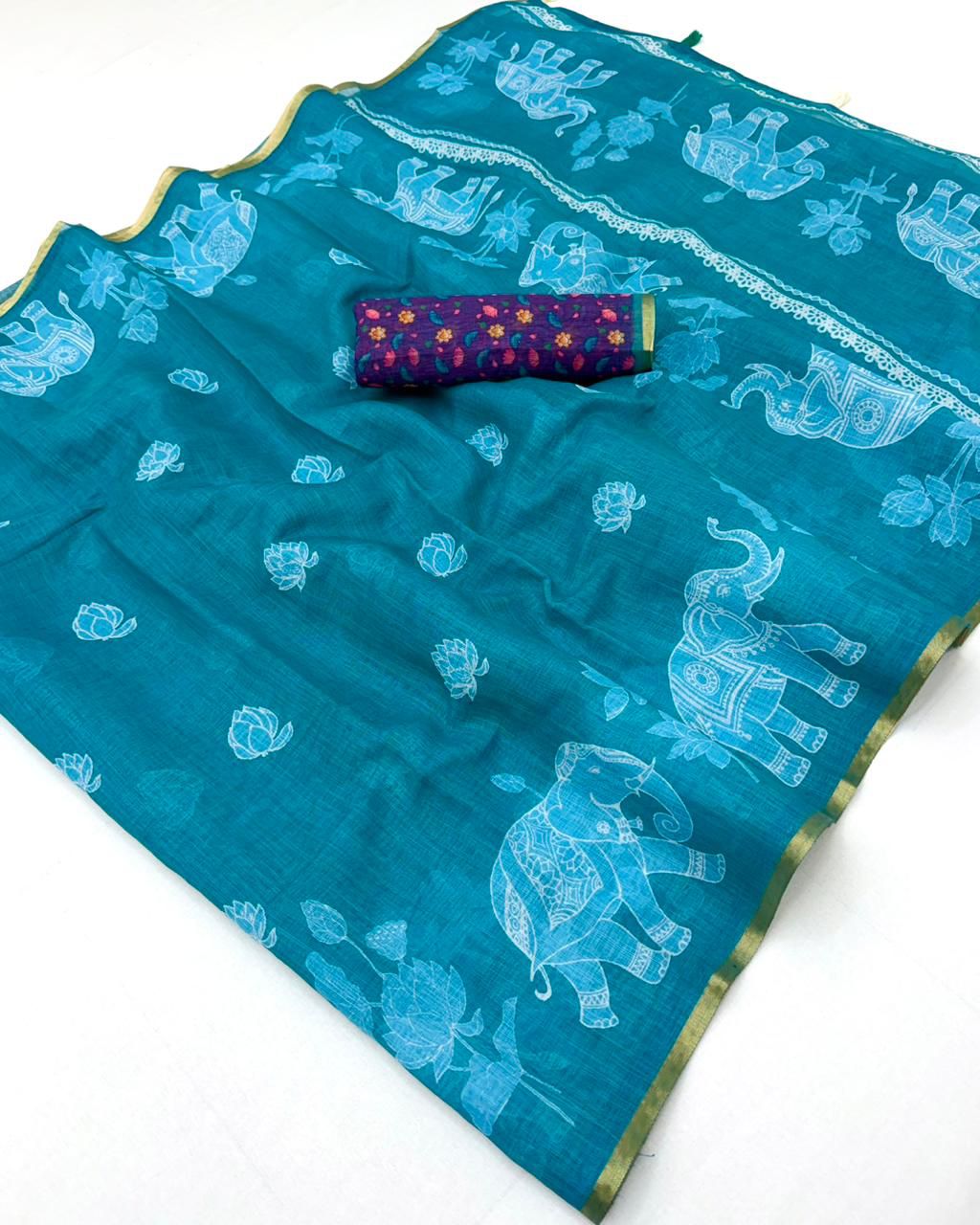 Traditional Festive Wear Soft Cotton Kalamkari Print With Zari Border Fancy Saree With Blissful Blouse Piece