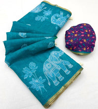 Load image into Gallery viewer, Traditional Festive Wear Soft Cotton Kalamkari Print With Zari Border Fancy Saree With Blissful Blouse Piece
