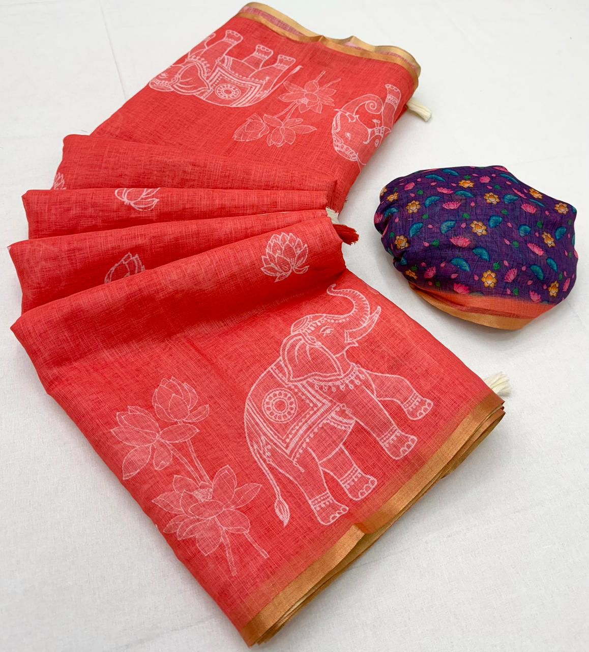 Traditional Festive Wear Soft Cotton Kalamkari Print With Zari Border Fancy Saree With Blissful Blouse Piece