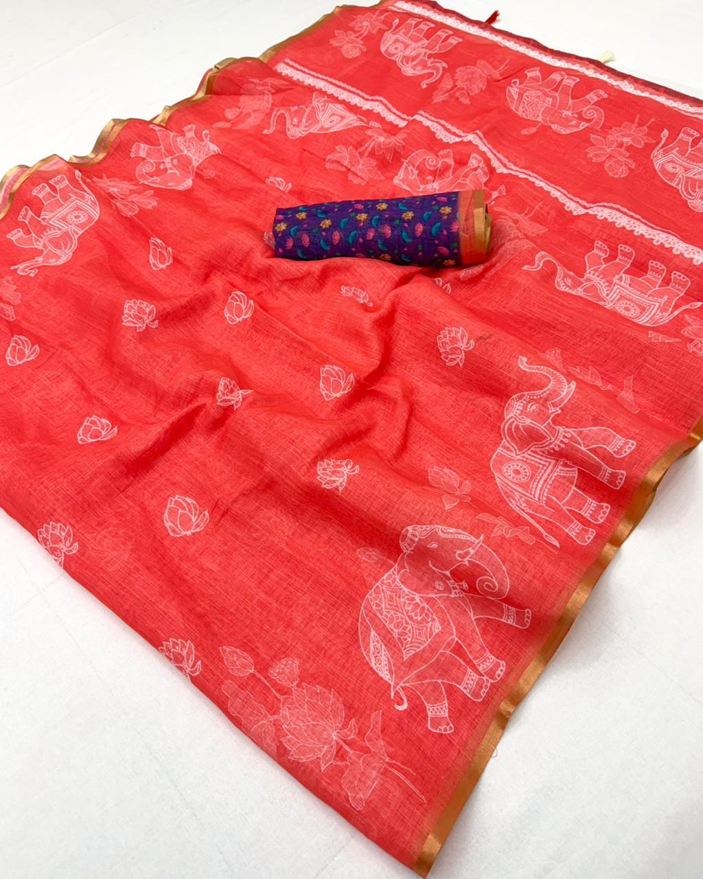 Traditional Festive Wear Soft Cotton Kalamkari Print With Zari Border Fancy Saree With Blissful Blouse Piece