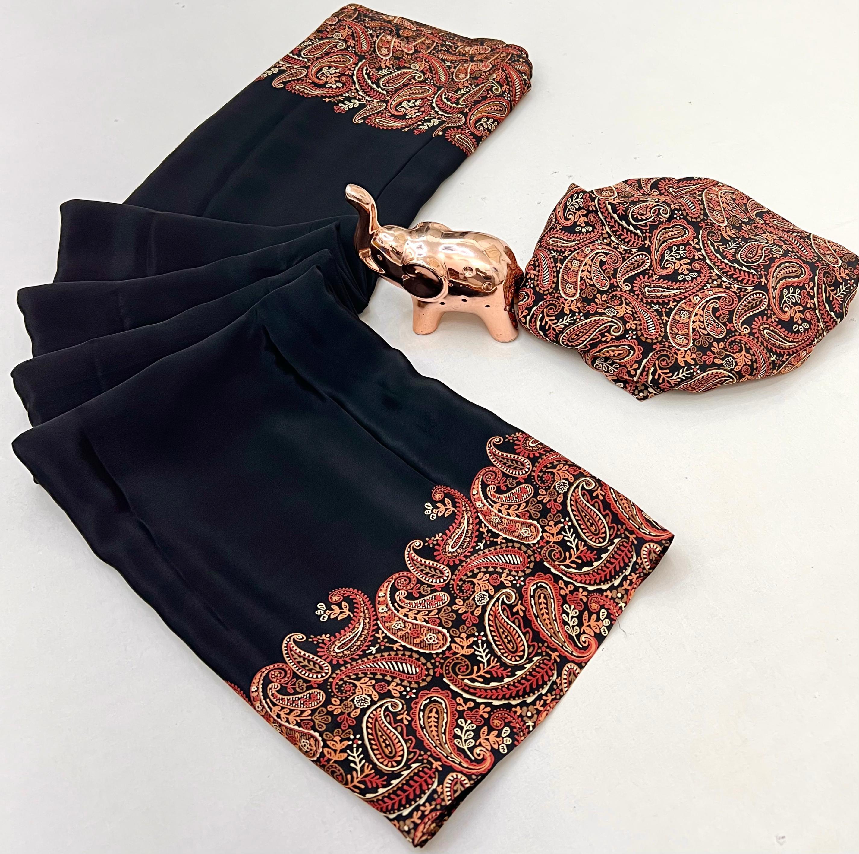 Prettiest Festive Wear Silk Ajrak Printed Rich Pallu Work Designer Saree With Elegant Blouse Piece