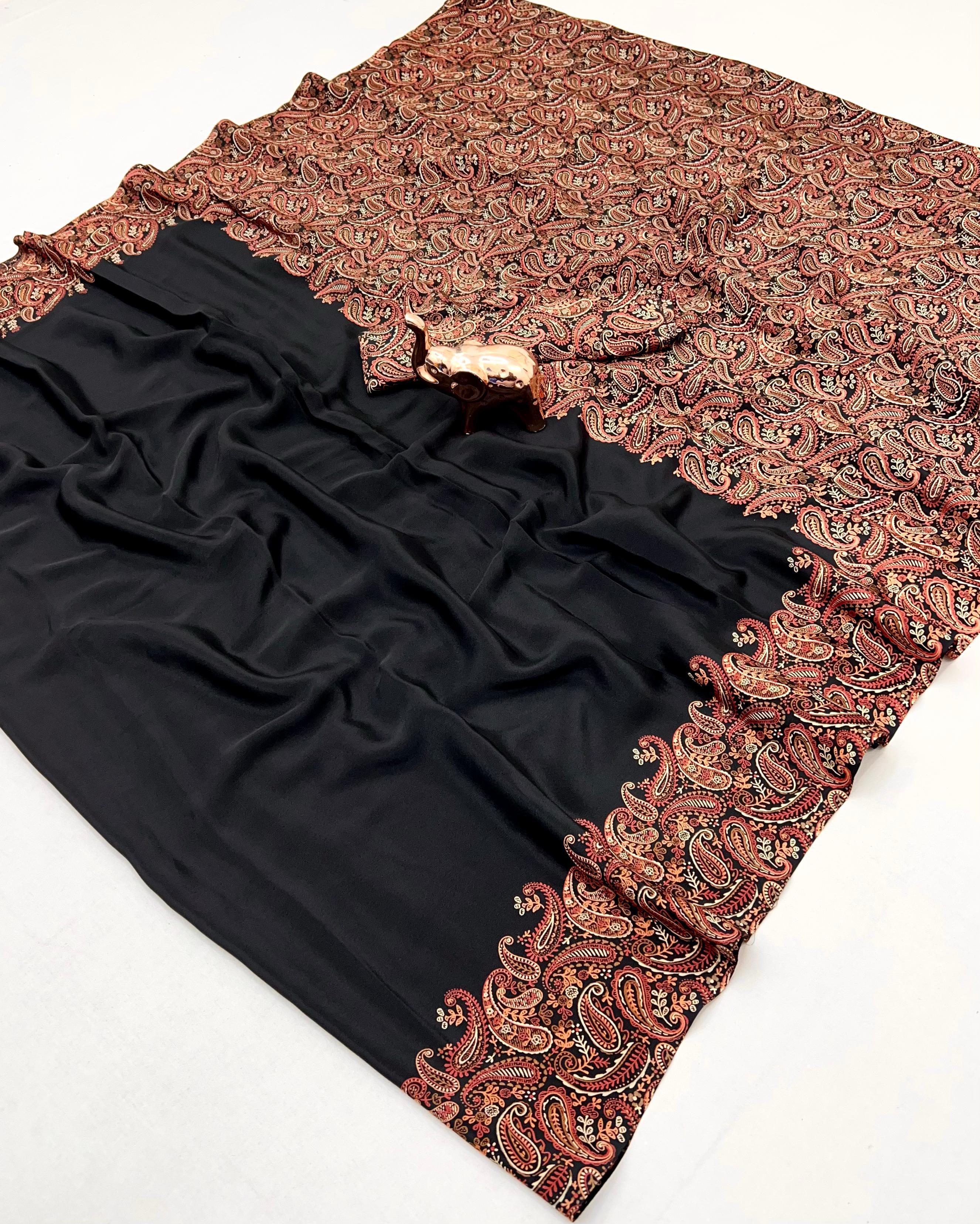 Prettiest Festive Wear Silk Ajrak Printed Rich Pallu Work Designer Saree With Elegant Blouse Piece
