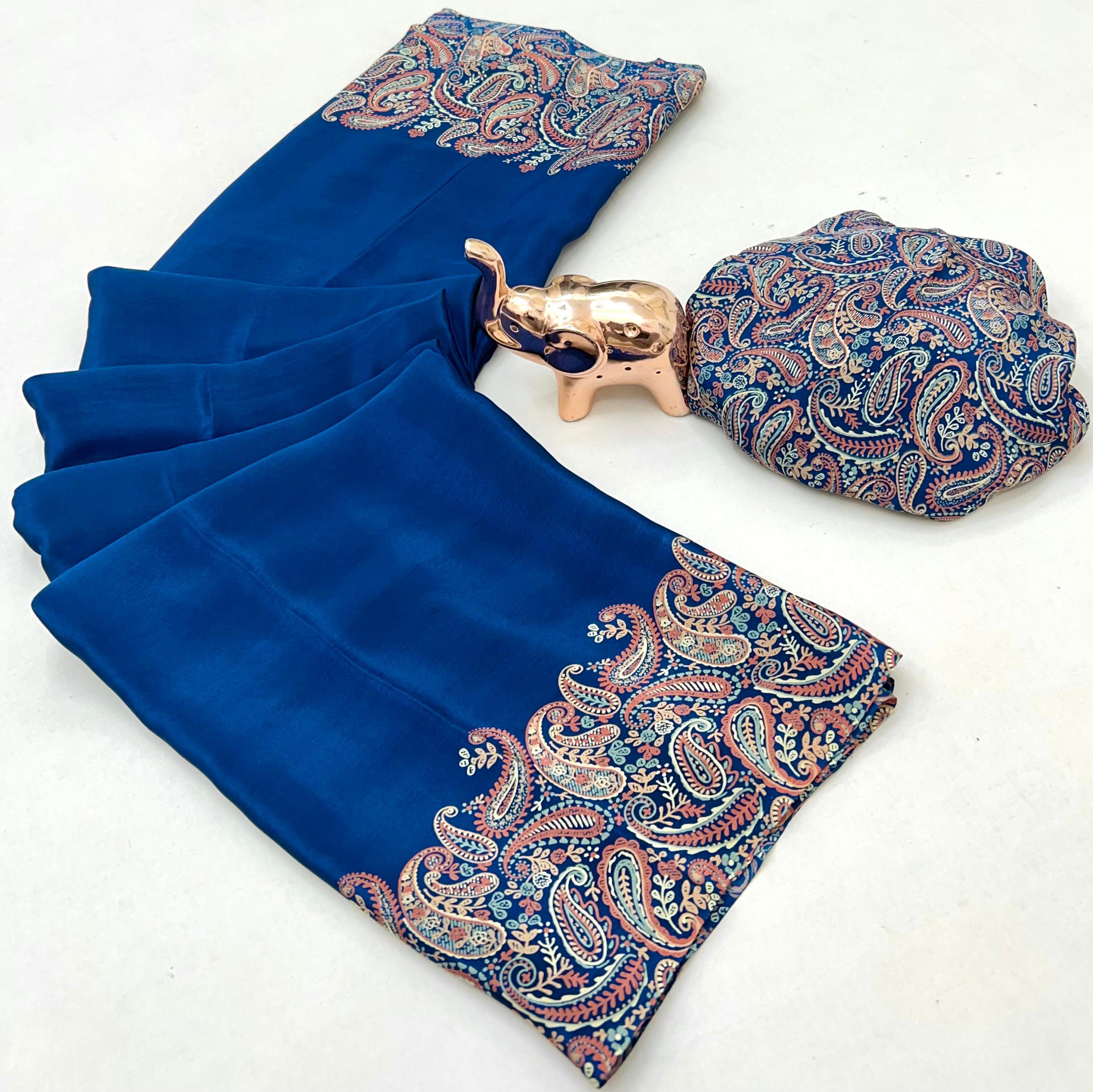 Prettiest Festive Wear Silk Ajrak Printed Rich Pallu Work Designer Saree With Elegant Blouse Piece