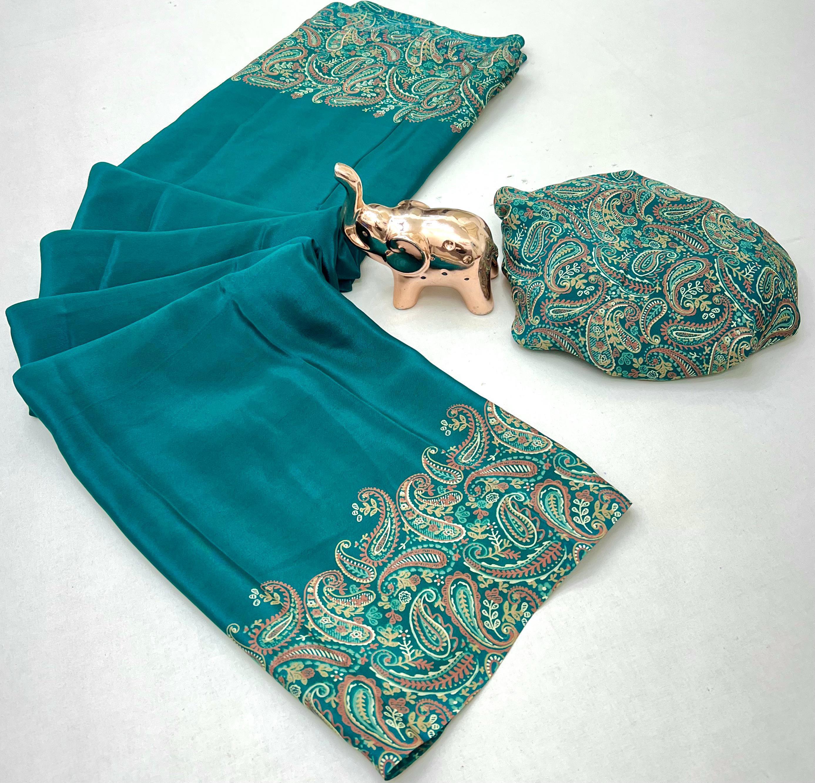 Prettiest Festive Wear Silk Ajrak Printed Rich Pallu Work Designer Saree With Elegant Blouse Piece
