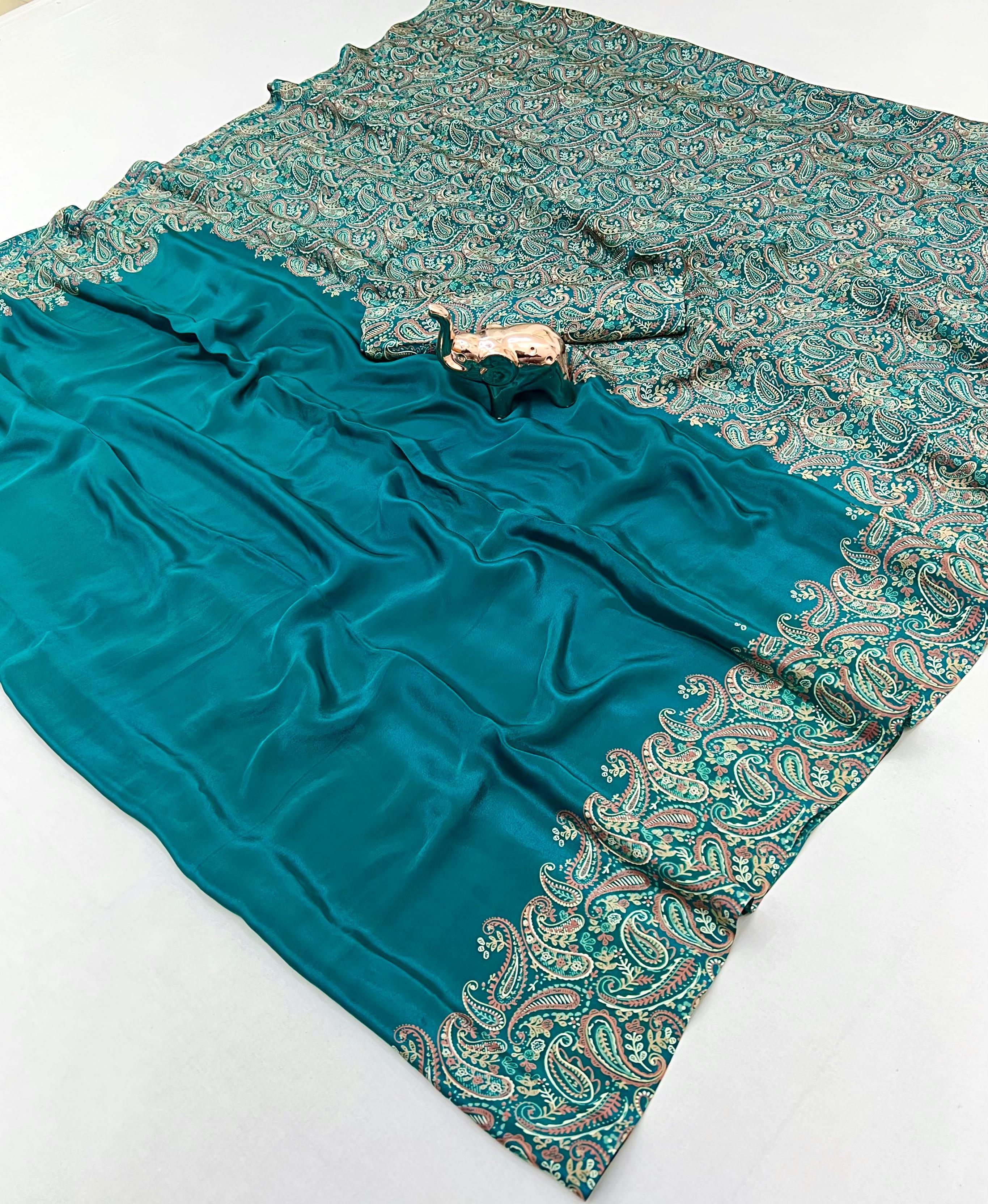 Prettiest Festive Wear Silk Ajrak Printed Rich Pallu Work Designer Saree With Elegant Blouse Piece