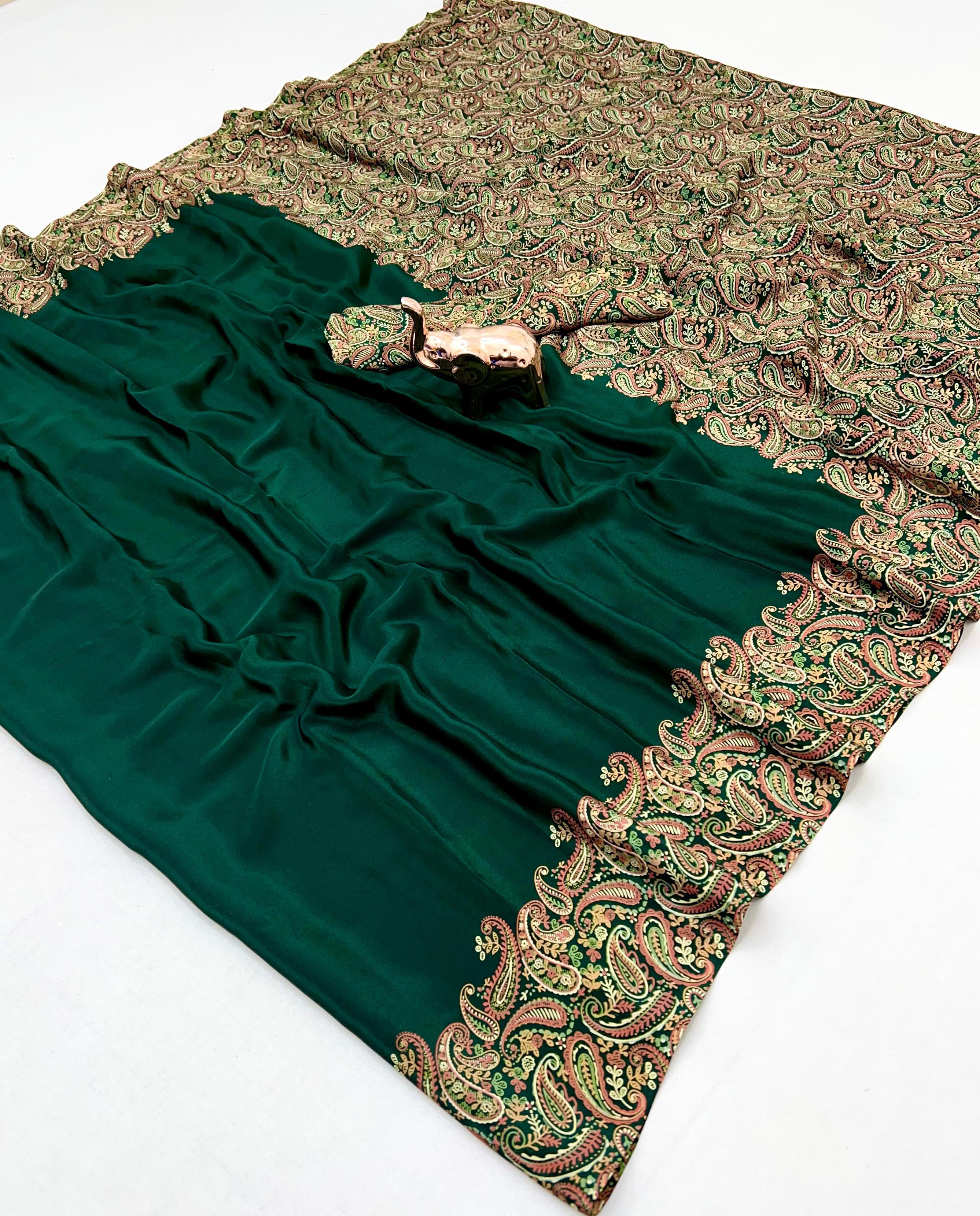 Prettiest Festive Wear Silk Ajrak Printed Rich Pallu Work Designer Saree With Elegant Blouse Piece