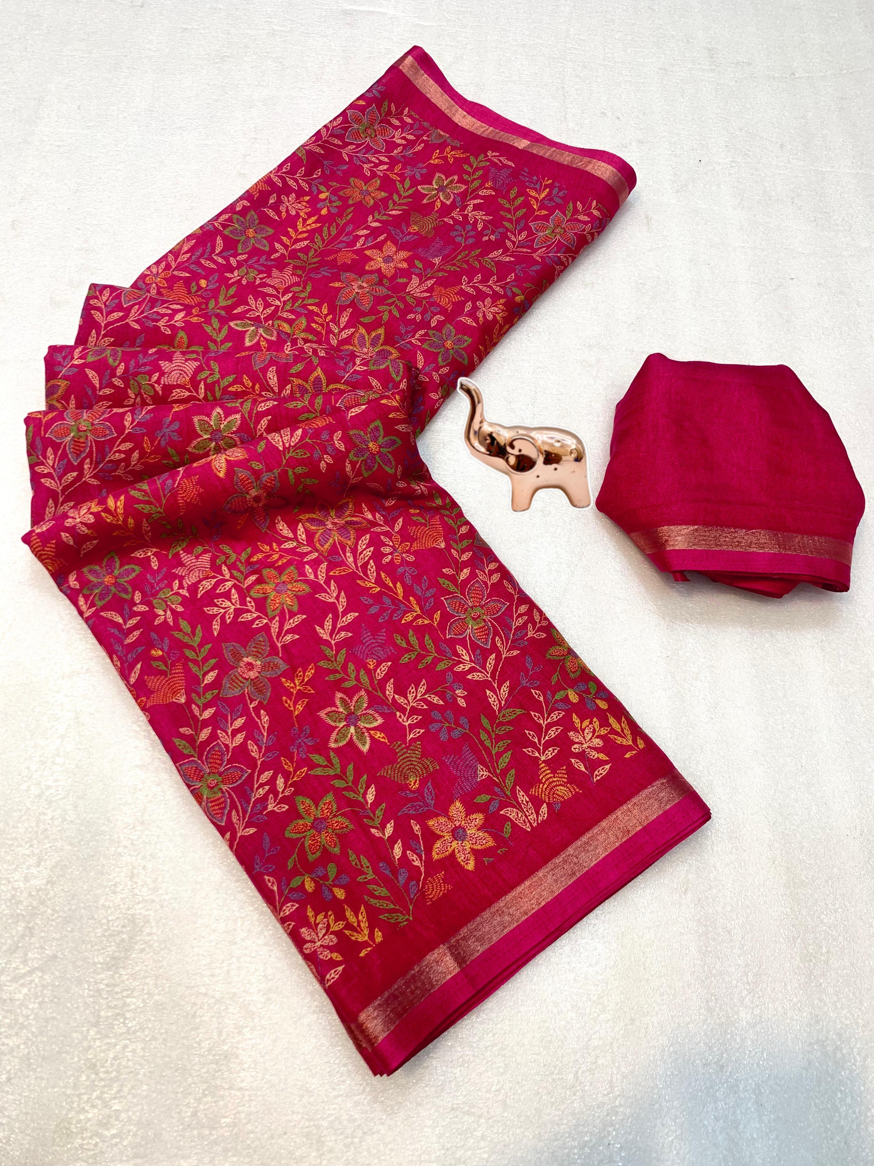 Charming Party Wear Pure Soft Tussar Silk Kashmiri Printed n Rich Pallu Border Fancy Saree With Blouse Piece