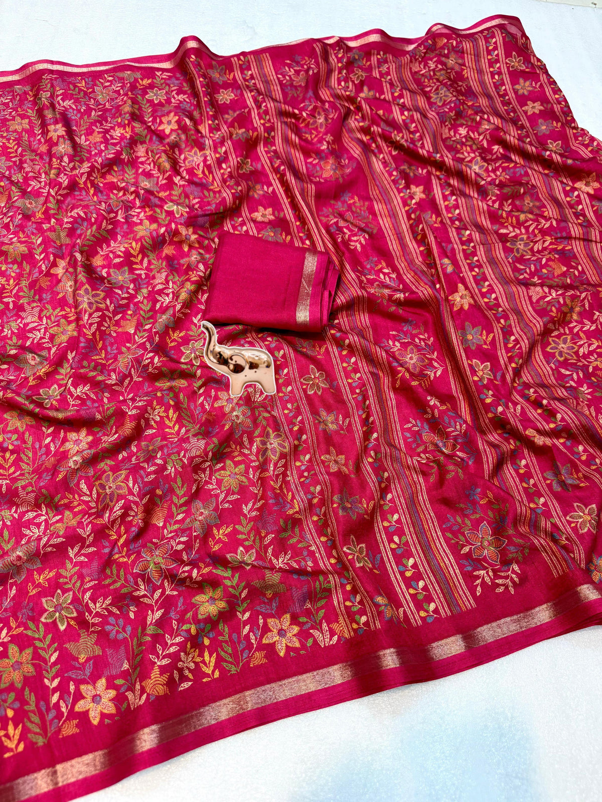 Charming Party Wear Pure Soft Tussar Silk Kashmiri Printed n Rich Pallu Border Fancy Saree With Blouse Piece