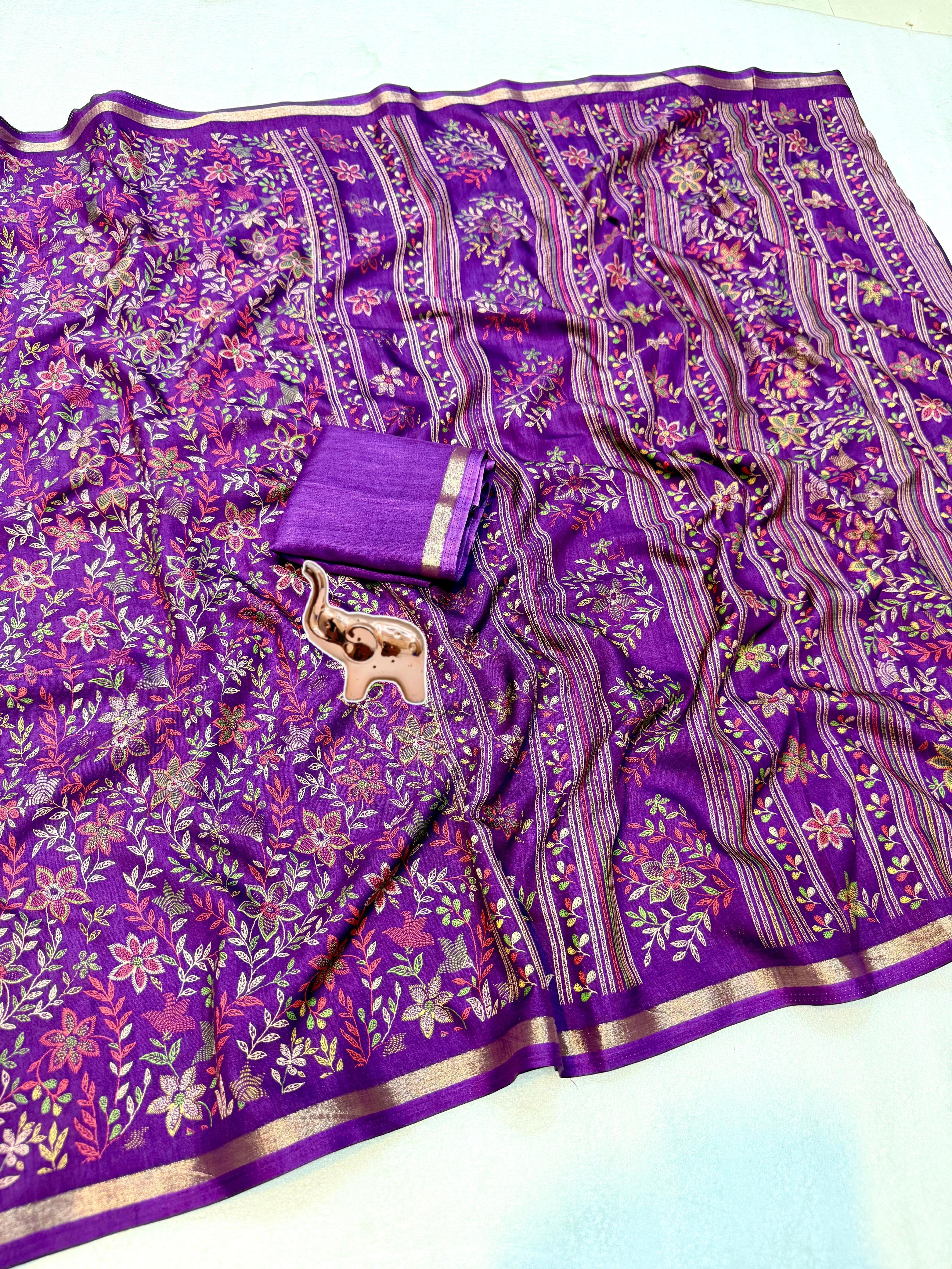 Charming Party Wear Pure Soft Tussar Silk Kashmiri Printed n Rich Pallu Border Fancy Saree With Blouse Piece