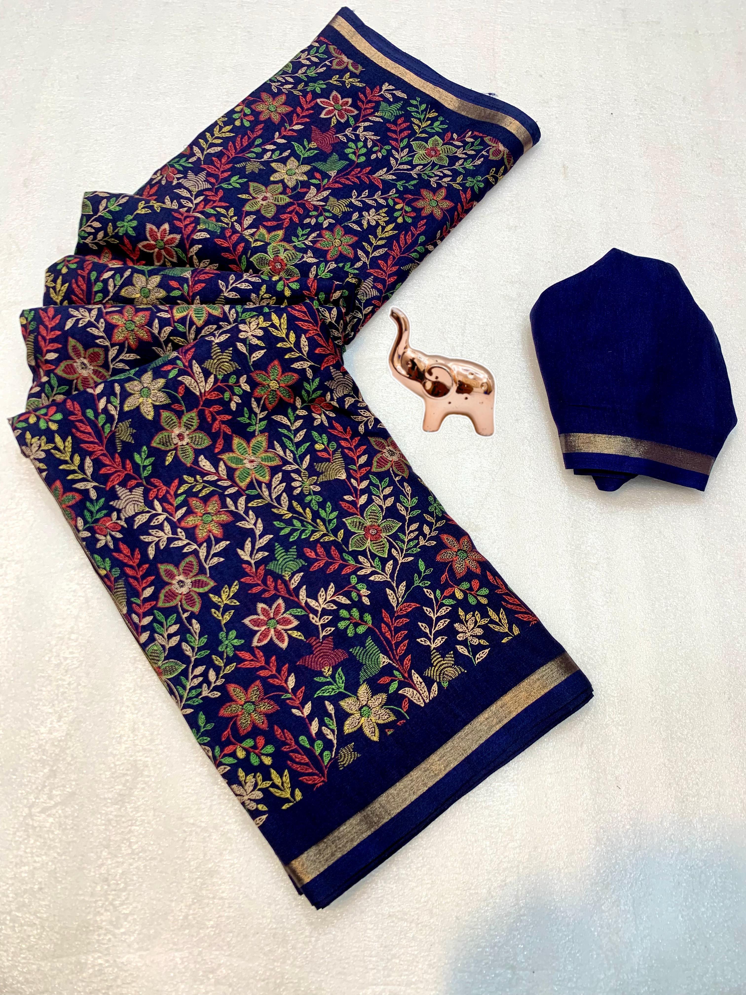 Charming Party Wear Pure Soft Tussar Silk Kashmiri Printed n Rich Pallu Border Fancy Saree With Blouse Piece