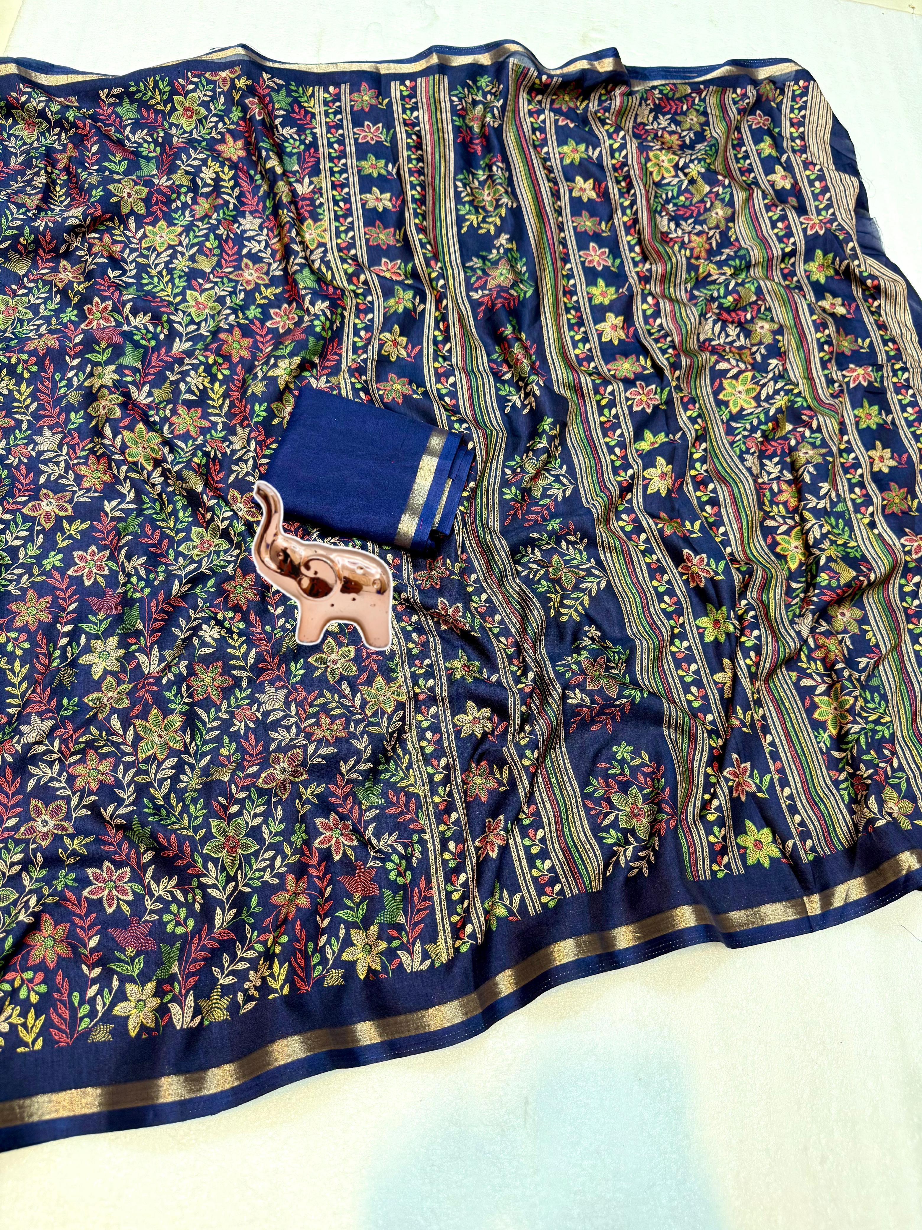 Charming Party Wear Pure Soft Tussar Silk Kashmiri Printed n Rich Pallu Border Fancy Saree With Blouse Piece