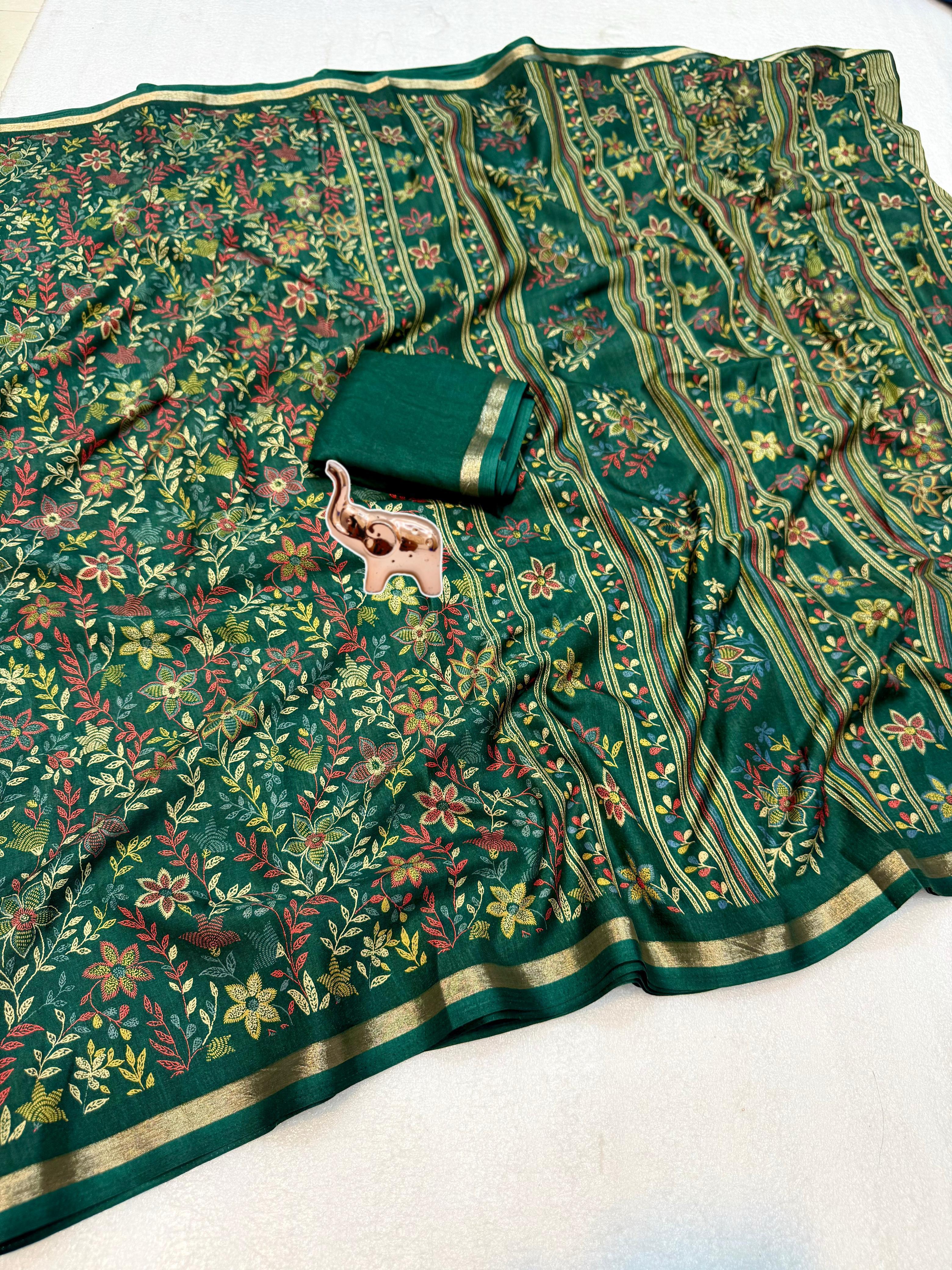 Charming Party Wear Pure Soft Tussar Silk Kashmiri Printed n Rich Pallu Border Fancy Saree With Blouse Piece