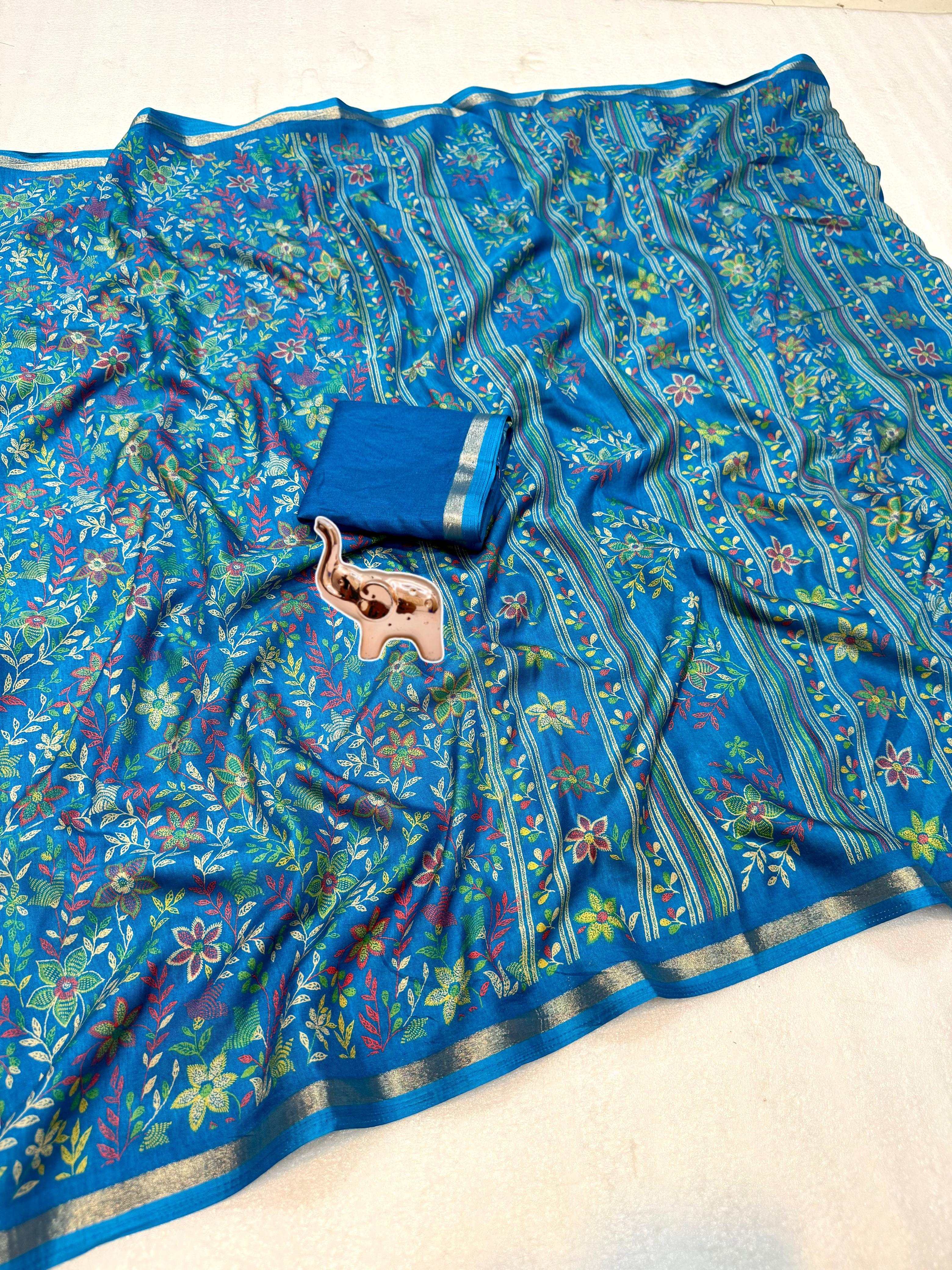Charming Party Wear Pure Soft Tussar Silk Kashmiri Printed n Rich Pallu Border Fancy Saree With Blouse Piece