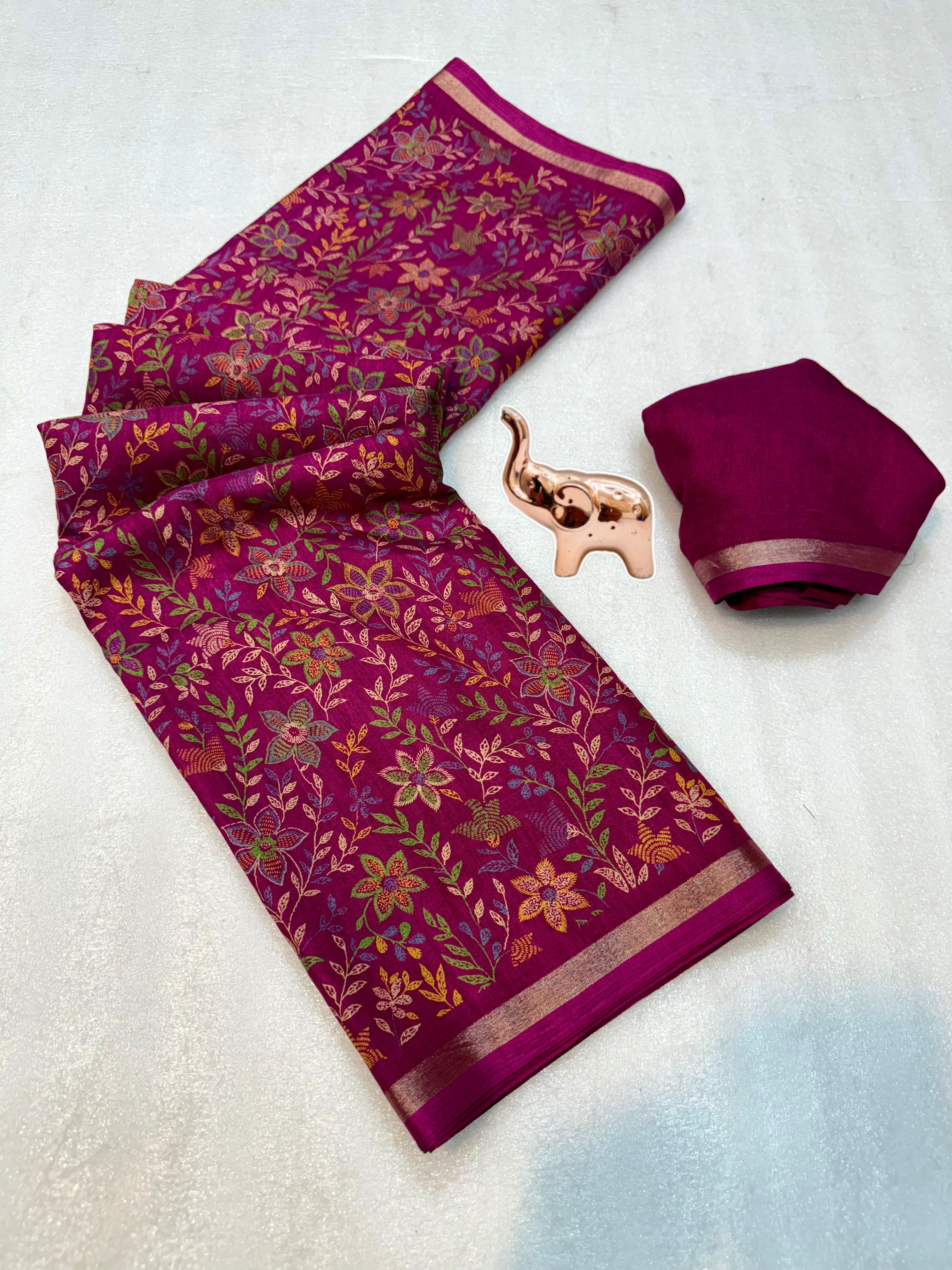 Charming Party Wear Pure Soft Tussar Silk Kashmiri Printed n Rich Pallu Border Fancy Saree With Blouse Piece