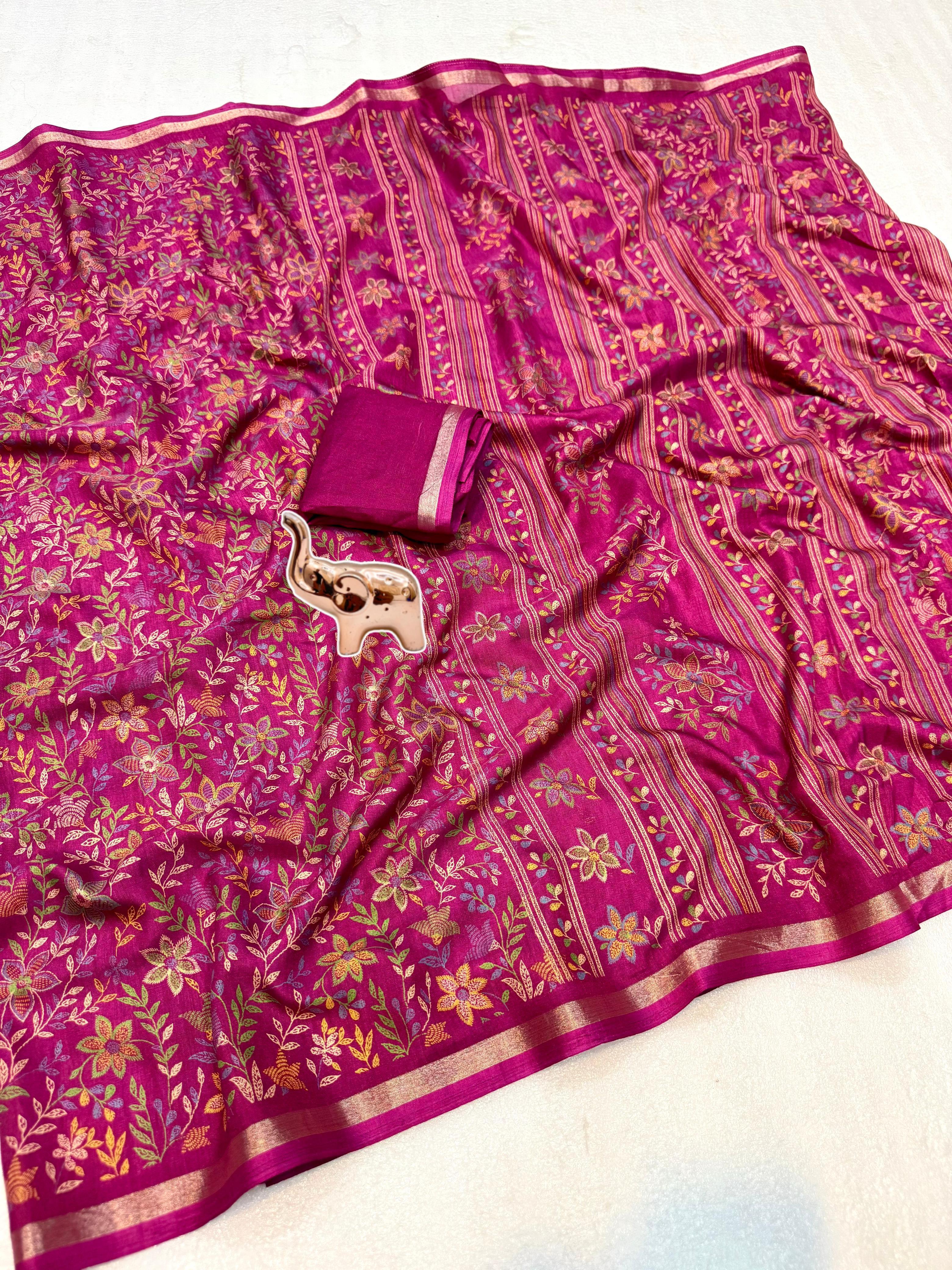 Charming Party Wear Pure Soft Tussar Silk Kashmiri Printed n Rich Pallu Border Fancy Saree With Blouse Piece