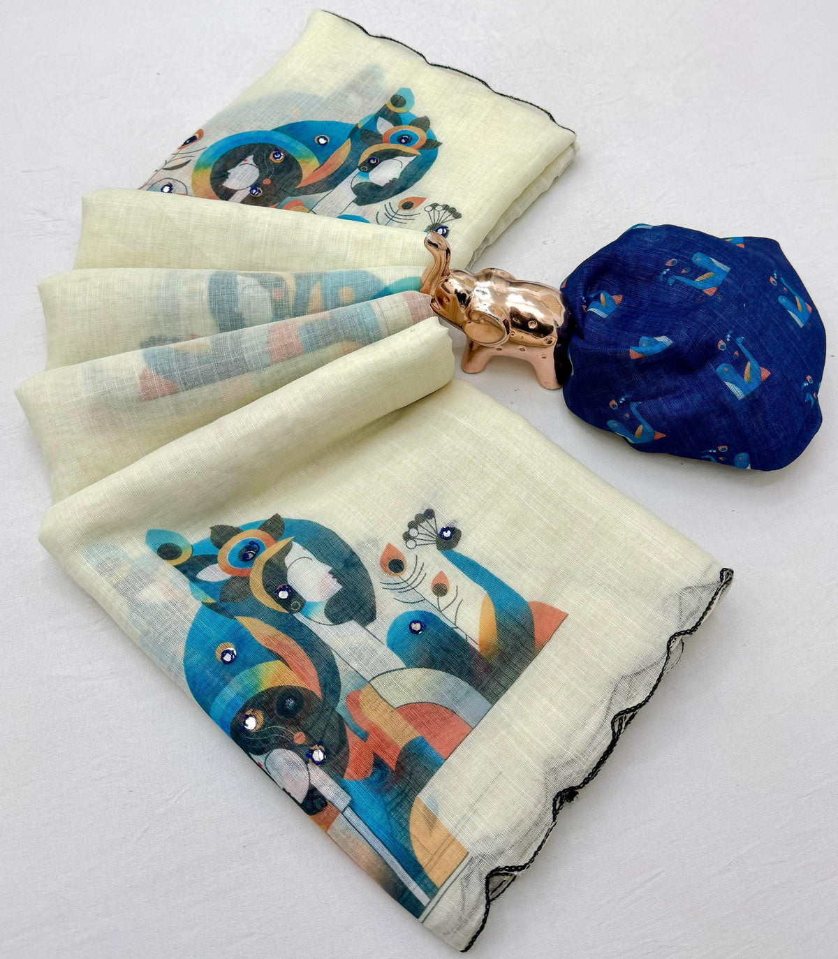 Glorious Festive Wear Linen Cotton Digital Print n Mirror Work Designer Saree With Blouse Piece