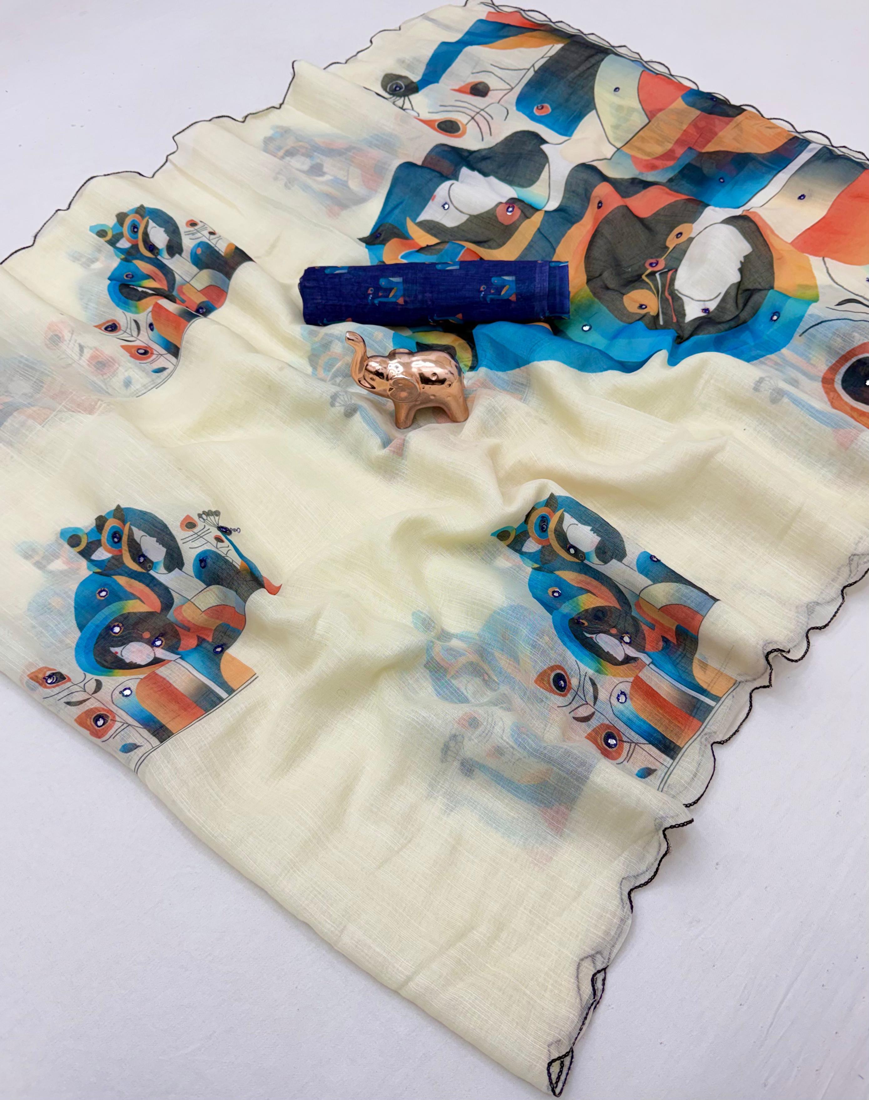 Glorious Festive Wear Linen Cotton Digital Print n Mirror Work Designer Saree With Blouse Piece