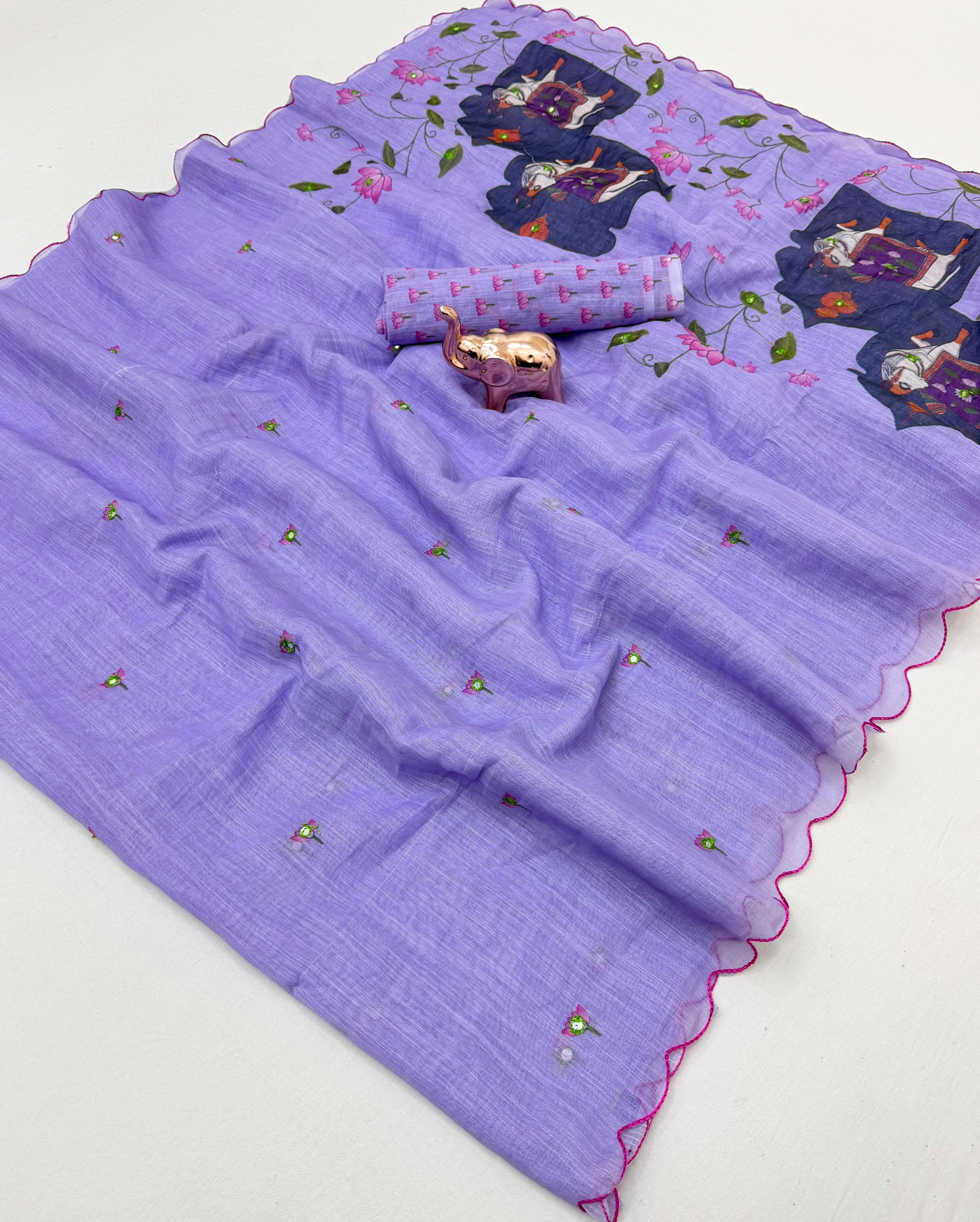 Glorious Festive Wear Linen Cotton Digital Print n Mirror Work Designer Saree With Blouse Piece
