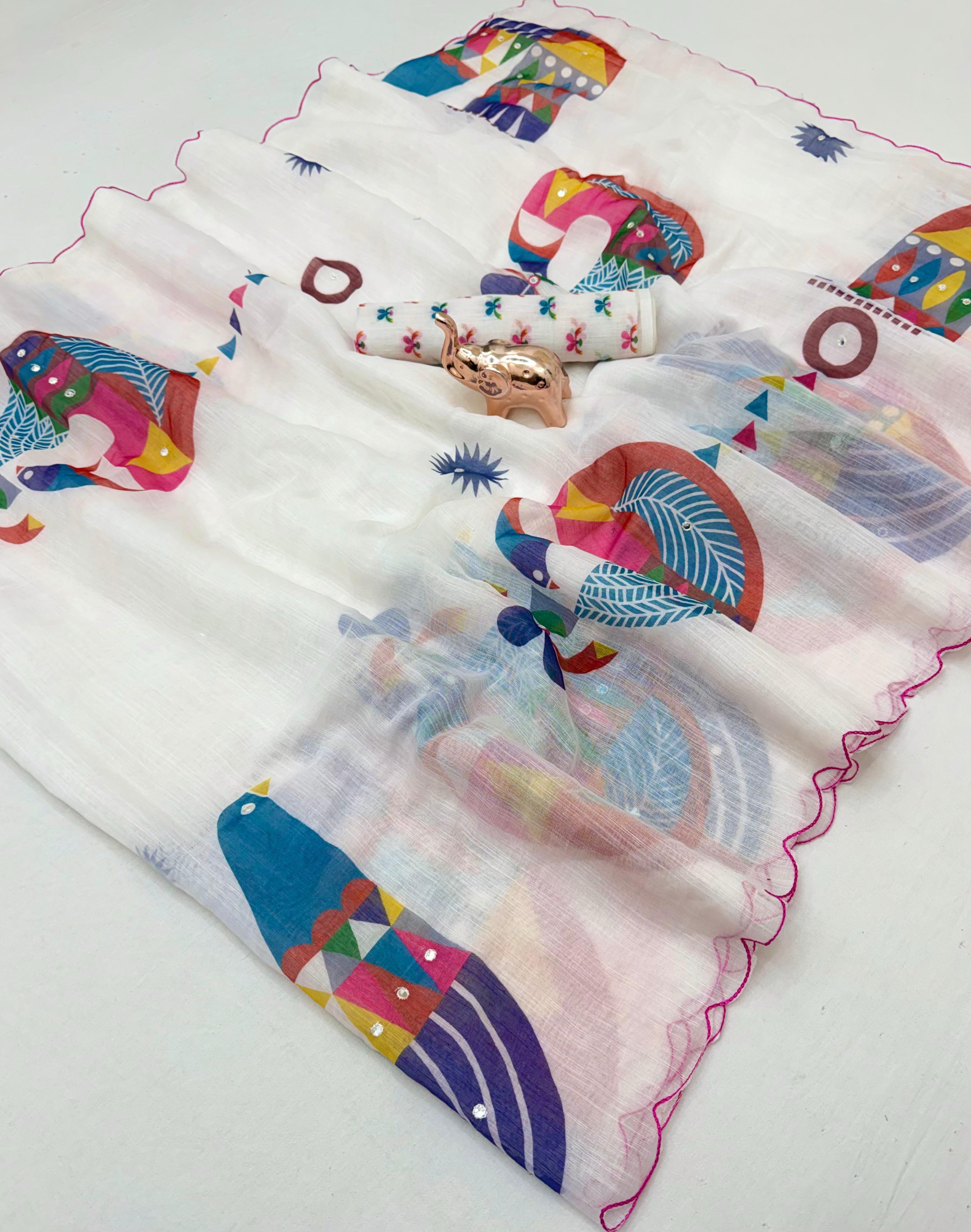 Glorious Festive Wear Linen Cotton Digital Print n Mirror Work Designer Saree With Blouse Piece