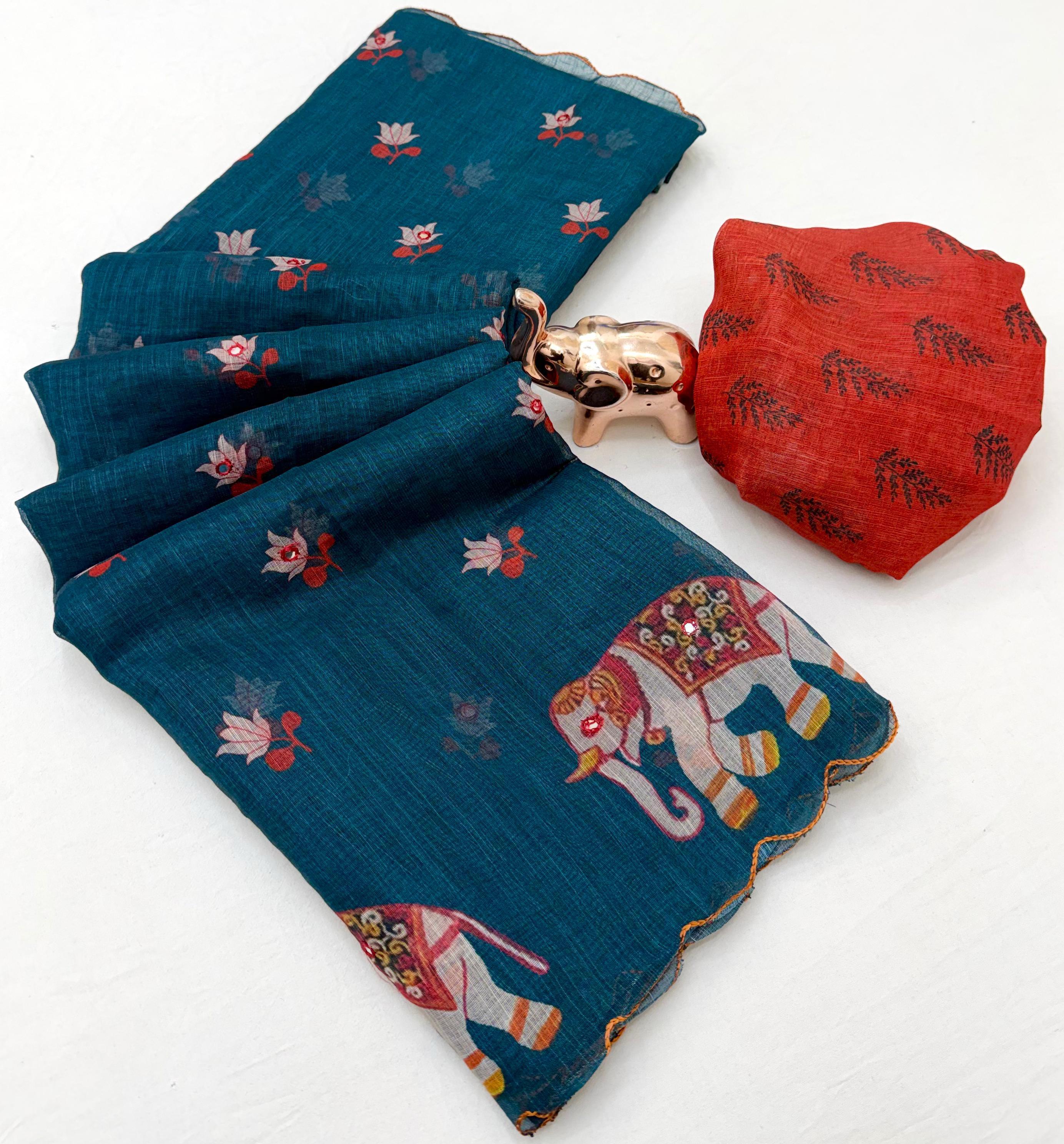 Glorious Festive Wear Linen Cotton Digital Print n Mirror Work Designer Saree With Blouse Piece