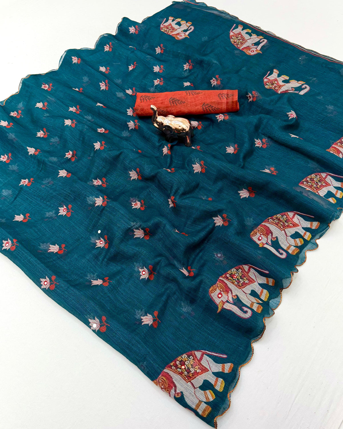 Glorious Festive Wear Linen Cotton Digital Print n Mirror Work Designer Saree With Blouse Piece