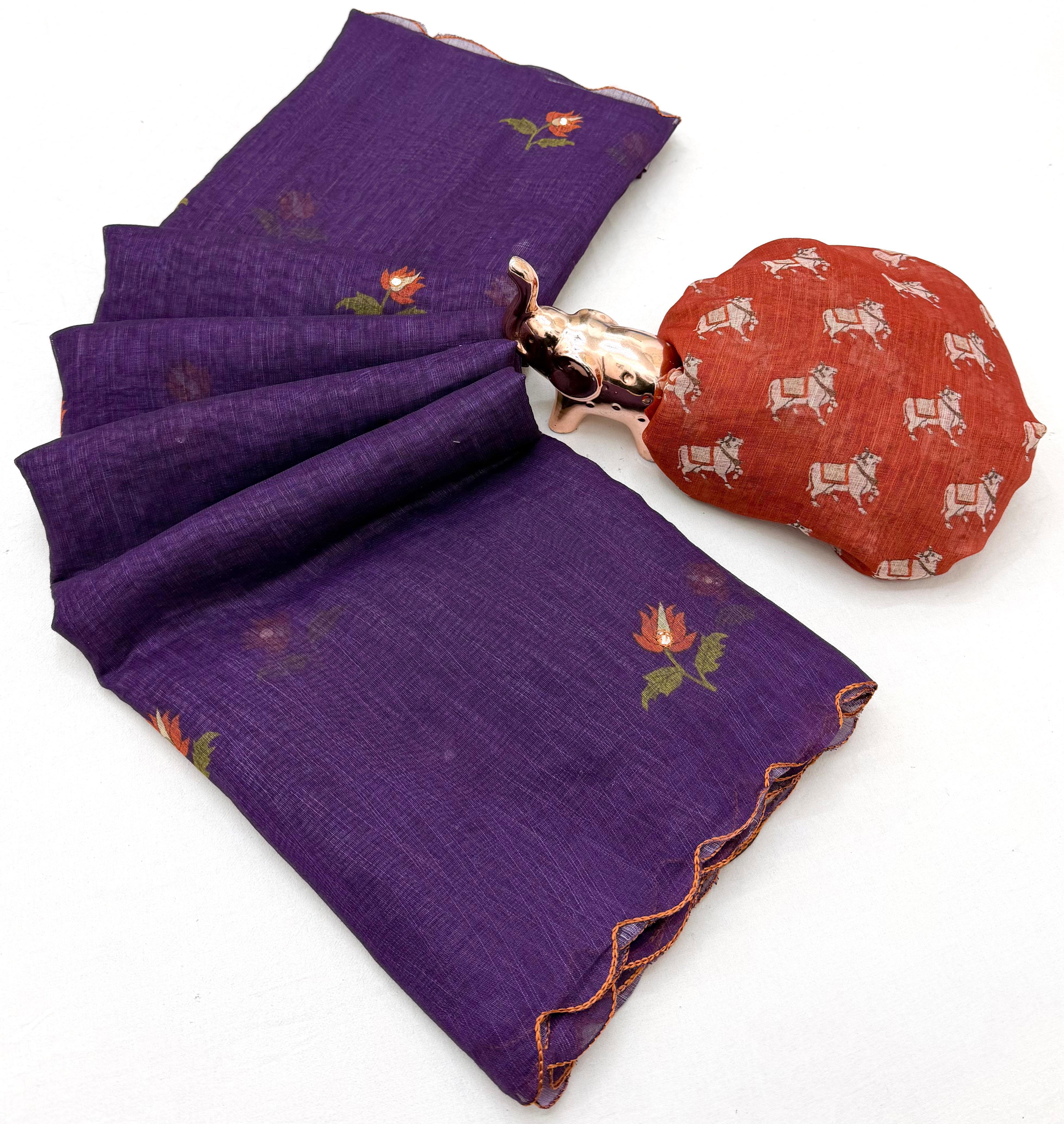 Glorious Festive Wear Linen Cotton Digital Print n Mirror Work Designer Saree With Blouse Piece