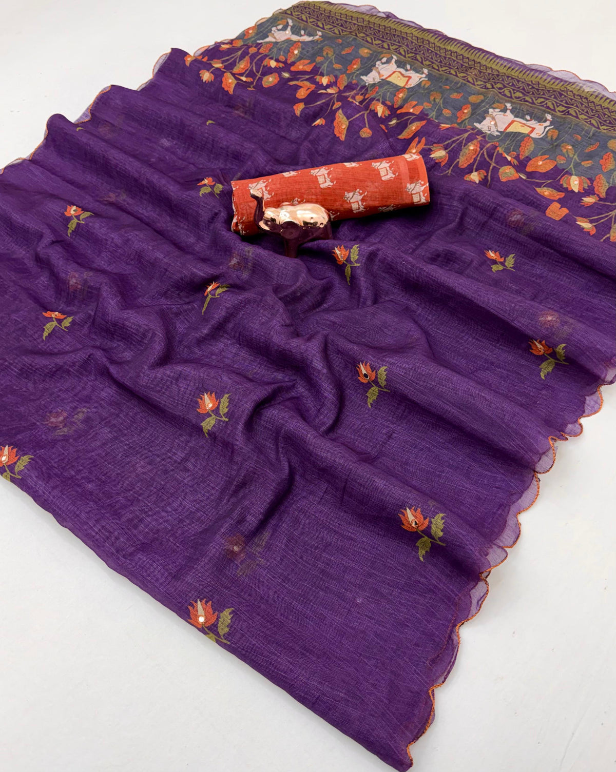 Glorious Festive Wear Linen Cotton Digital Print n Mirror Work Designer Saree With Blouse Piece