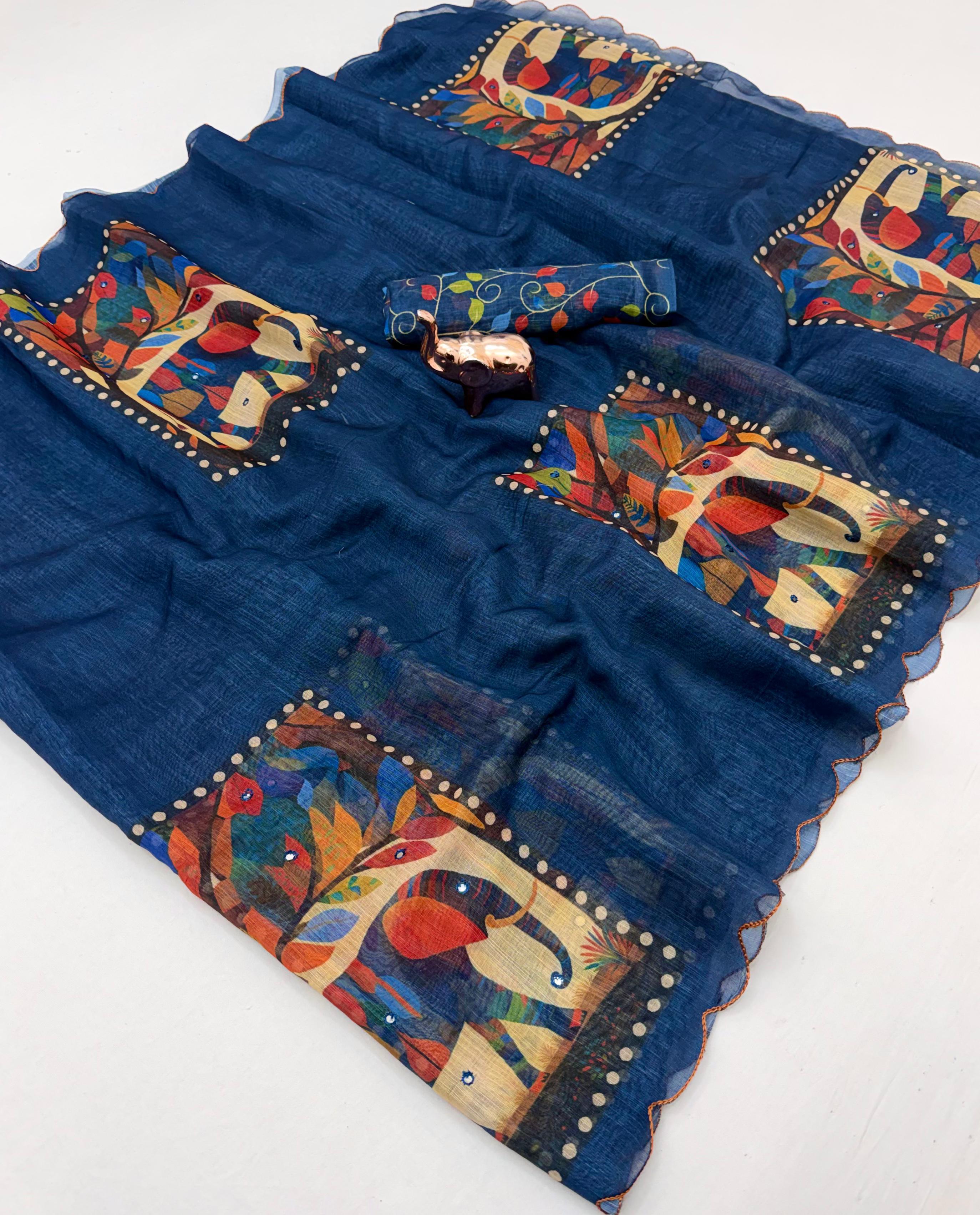 Glorious Festive Wear Linen Cotton Digital Print n Mirror Work Designer Saree With Blouse Piece