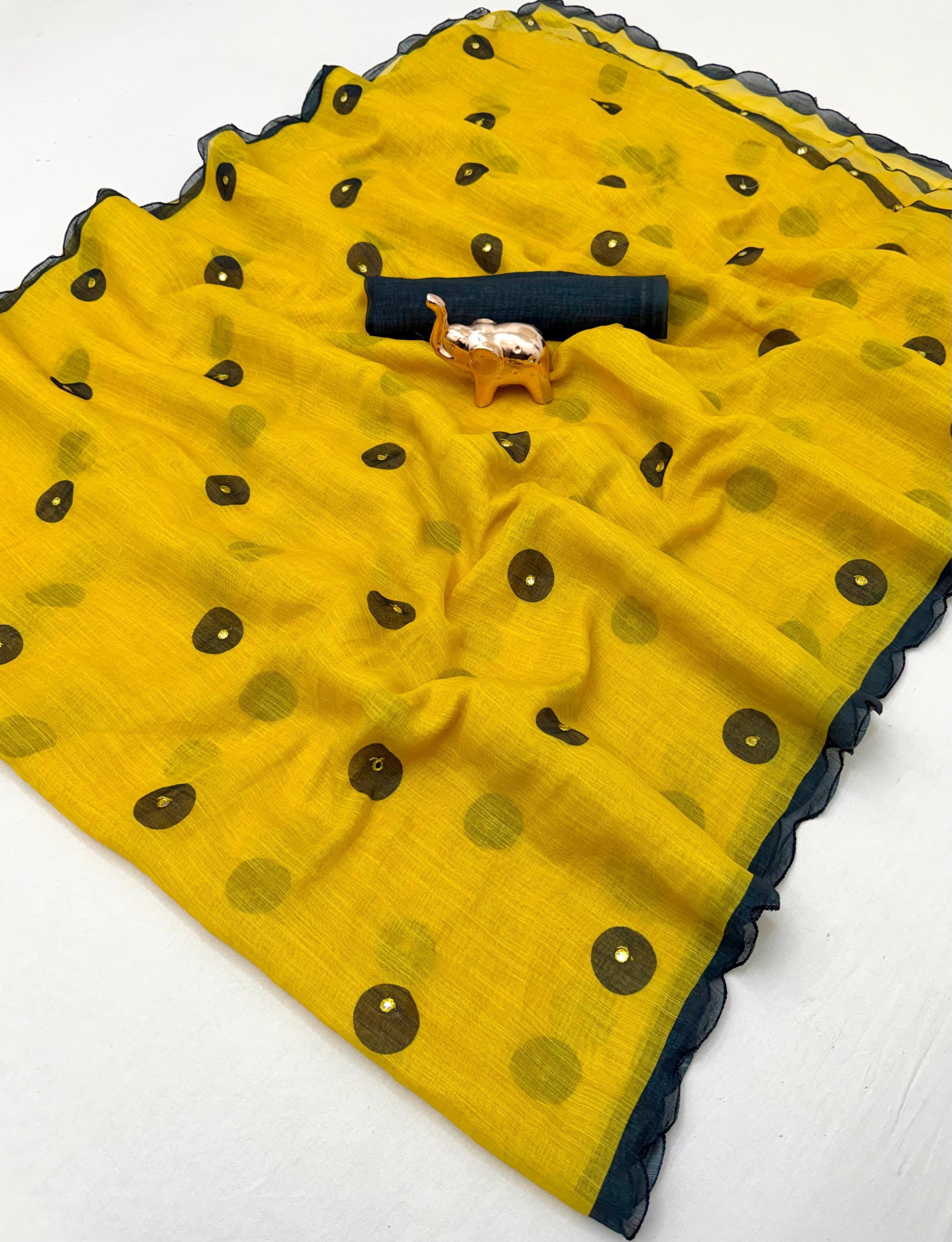 Glorious Festive Wear Linen Cotton Digital Print n Mirror Work Designer Saree With Blouse Piece