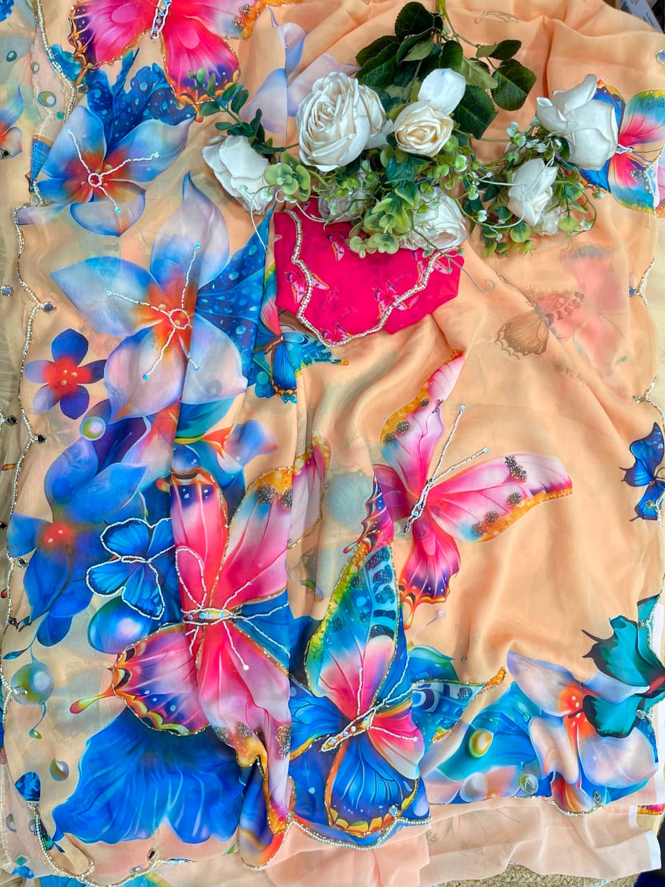 Regal Party Wear Soft Silk Print n Handwork Arco Border Designer Saree With Blouse Piece